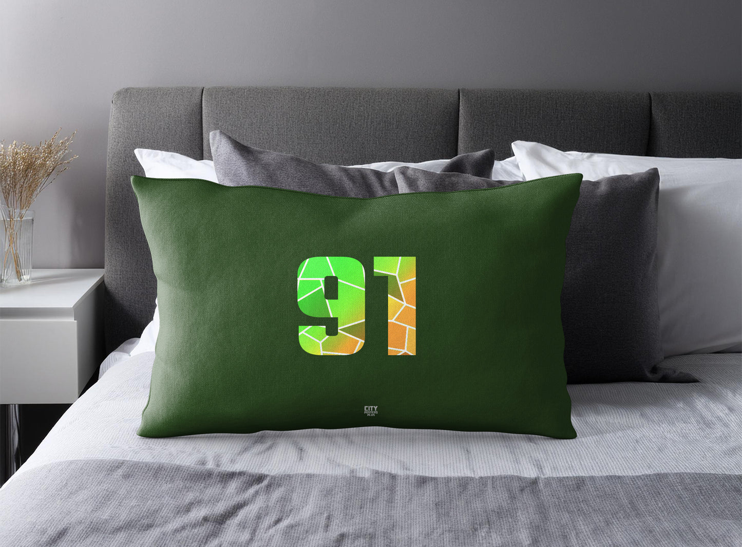 Print Deliver Plus 91 Number Pillow Case and Pillow Throw (Olive Green)