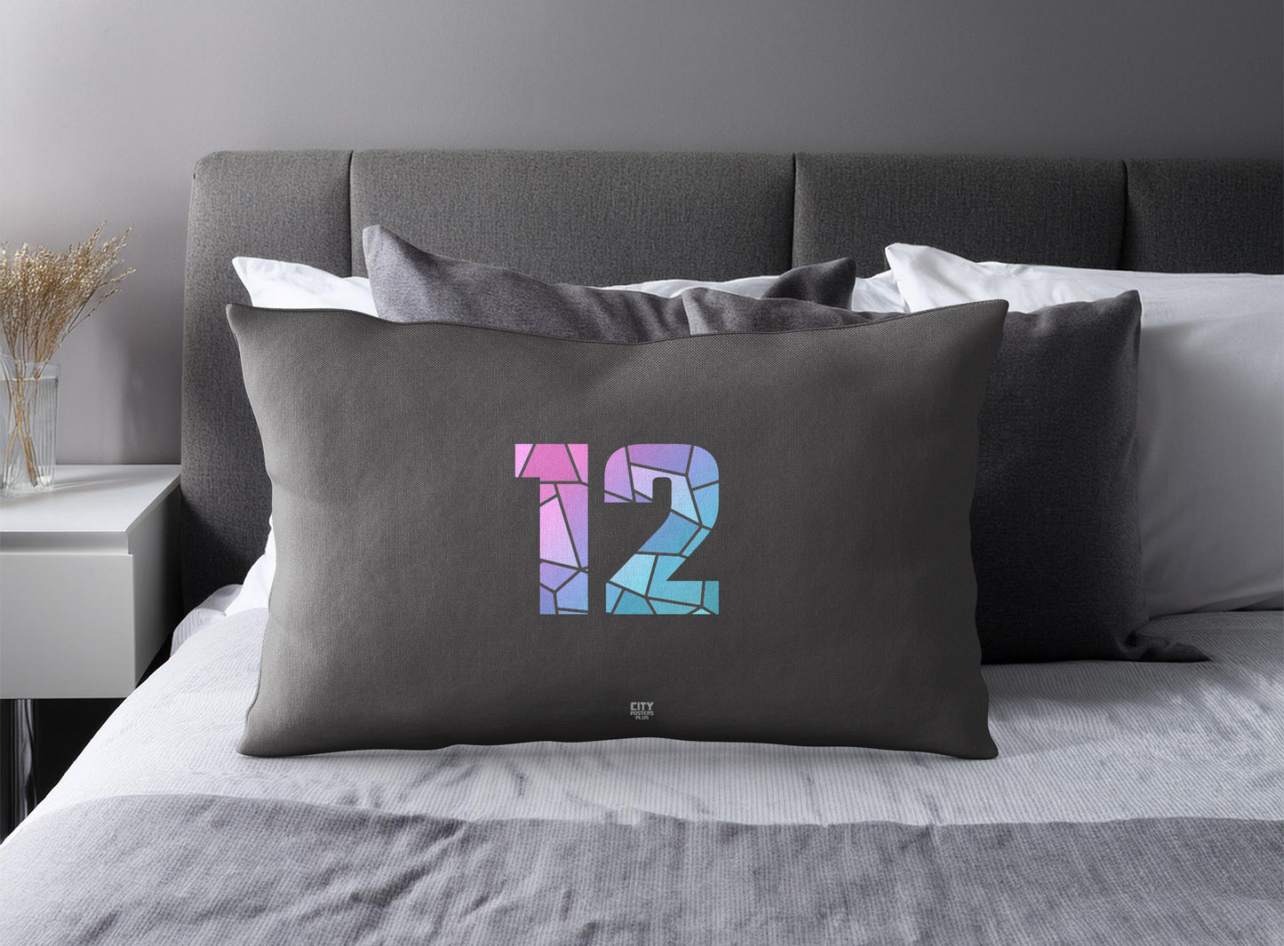 Print Deliver Plus 12 Number Pillow Case and Pillow Throw (Charcoal Grey)