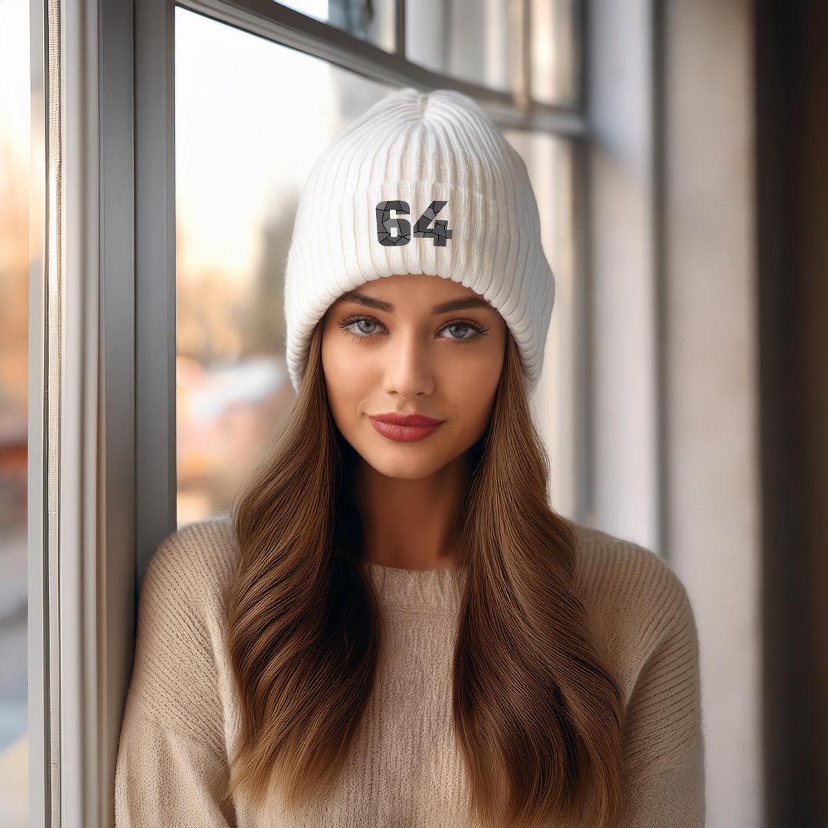 Beanies Plus 64 Number Cuffed Beanie (White)