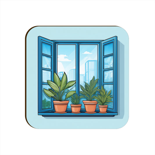 Blue Window Plants Pots Square Coaster