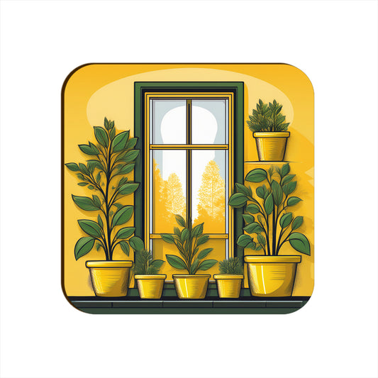 Yellow Window Plants Pots Square Coaster