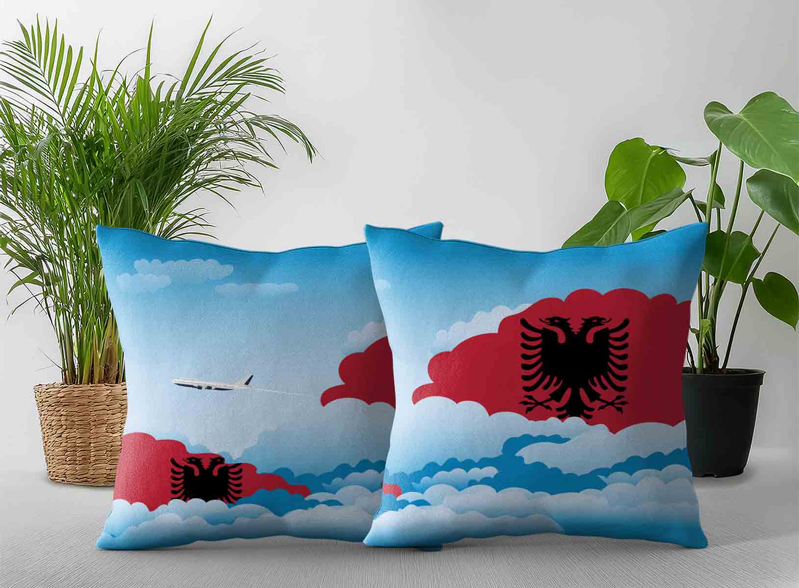 Albania World Airplane Day Clouds Square & Rectangle Pillow Cases | Aviation Sky Travel Decorative Throw Pillow Covers