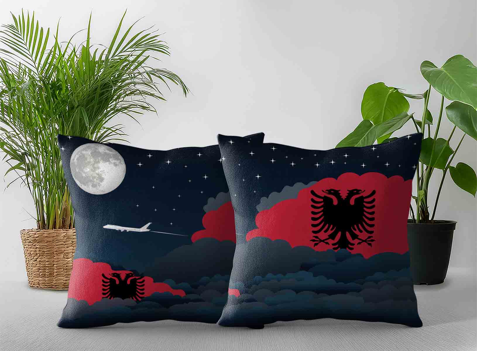 Albania World Airplane Night Clouds Square & Rectangle Pillow Cases | Aviation Night Sky Decorative Throw Pillow Covers