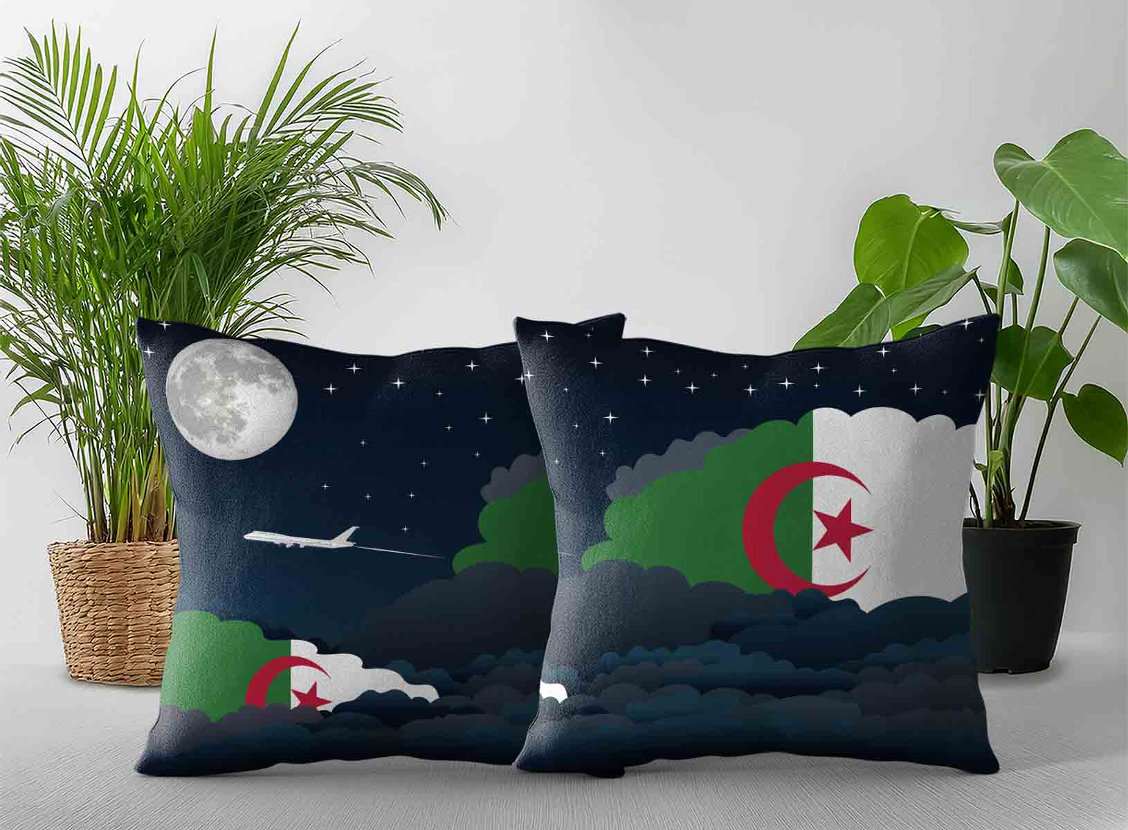 Algeria World Airplane Night Clouds Square & Rectangle Pillow Cases | Aviation Night Sky Decorative Throw Pillow Covers