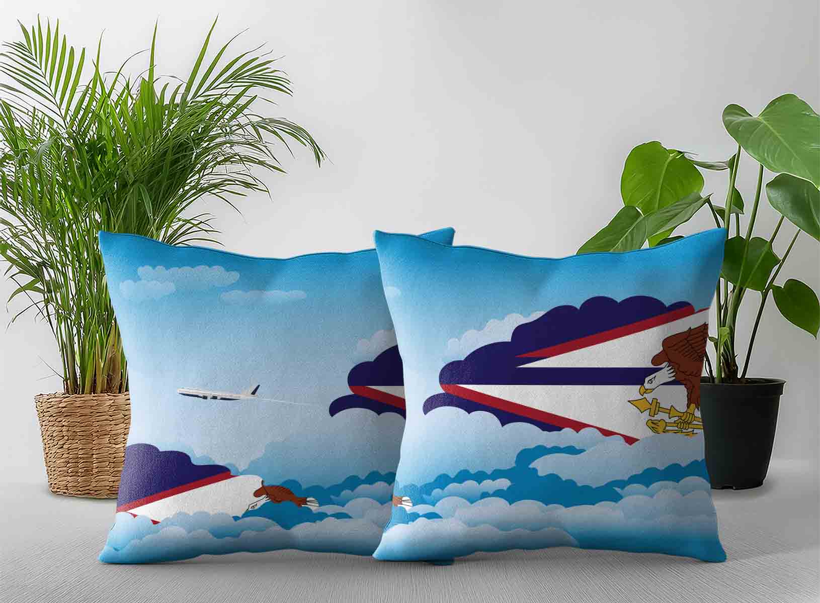 American Samoa World Airplane Day Clouds Square & Rectangle Pillow Cases | Aviation Sky Travel Decorative Throw Pillow Covers