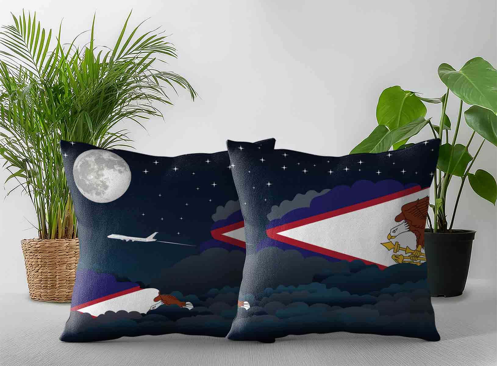 American Samoa World Airplane Night Clouds Square & Rectangle Pillow Cases | Aviation Night Sky Decorative Throw Pillow Covers