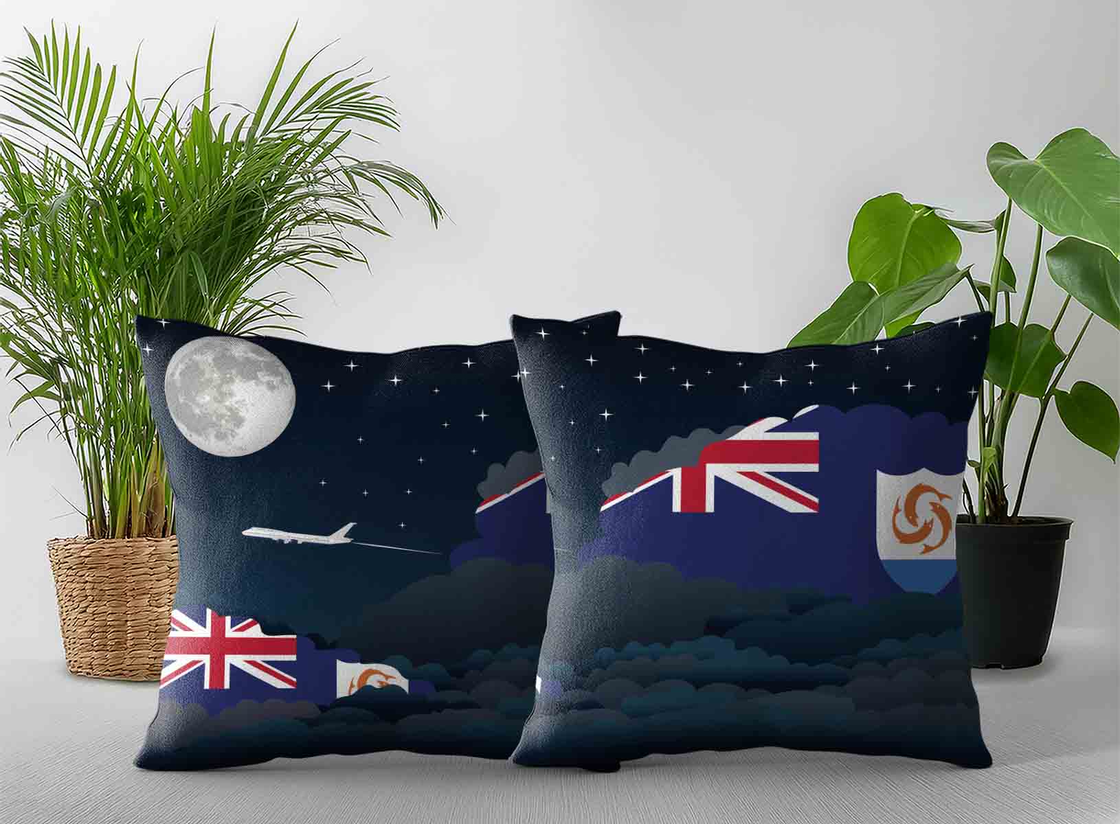 Anguilla World Airplane Night Clouds Square & Rectangle Pillow Cases | Aviation Night Sky Decorative Throw Pillow Covers