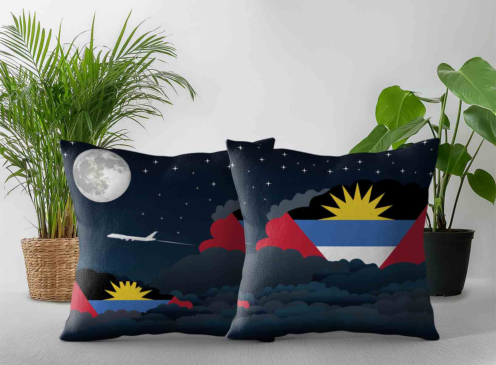 Antigua Case and Barbuda World Airplane Night Clouds Square & Rectangle Pillow Cases | Aviation Night Sky Decorative Throw Pillow Covers