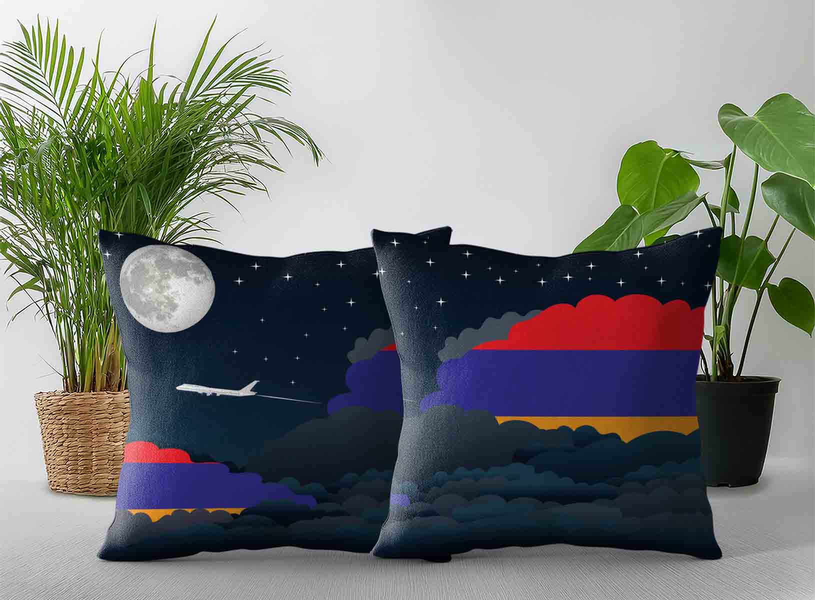 Armenia World Airplane Night Clouds Square & Rectangle Pillow Cases | Aviation Night Sky Decorative Throw Pillow Covers