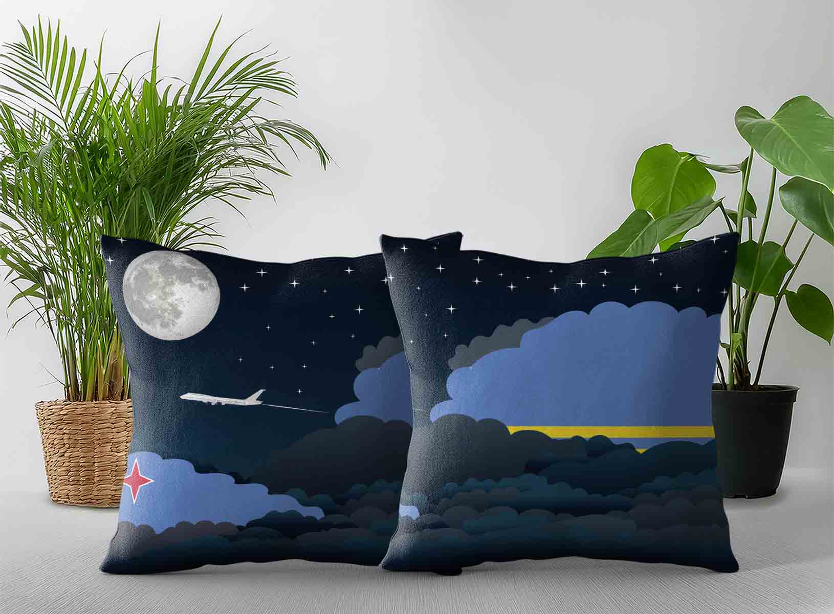 Aruba World Airplane Night Clouds Square & Rectangle Pillow Cases | Aviation Night Sky Decorative Throw Pillow Covers