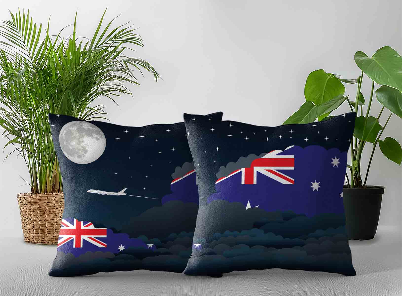 Australia World Airplane Night Clouds Square & Rectangle Pillow Cases | Aviation Night Sky Decorative Throw Pillow Covers