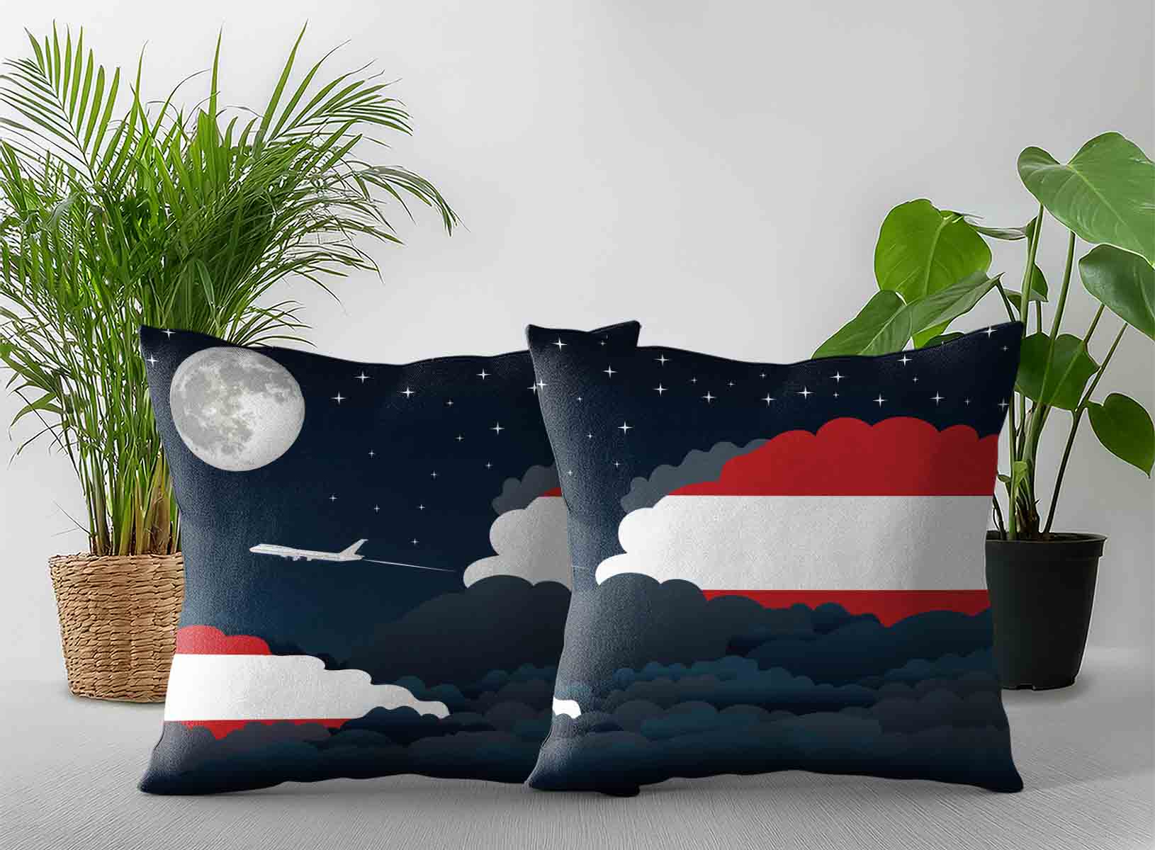 Austria World Airplane Night Clouds Square & Rectangle Pillow Cases | Aviation Night Sky Decorative Throw Pillow Covers