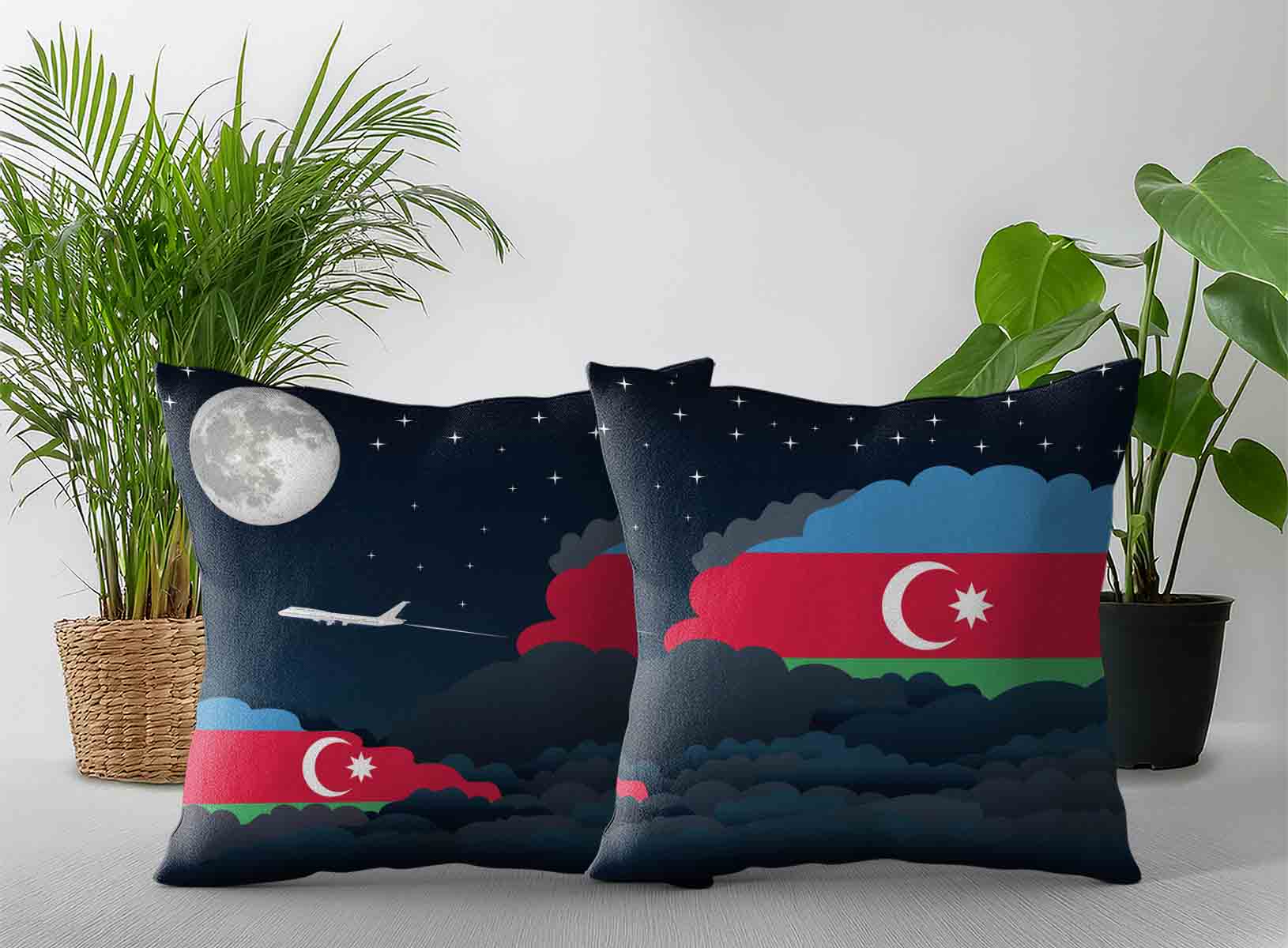 Azerbaijan World Airplane Night Clouds Square & Rectangle Pillow Cases | Aviation Night Sky Decorative Throw Pillow Covers