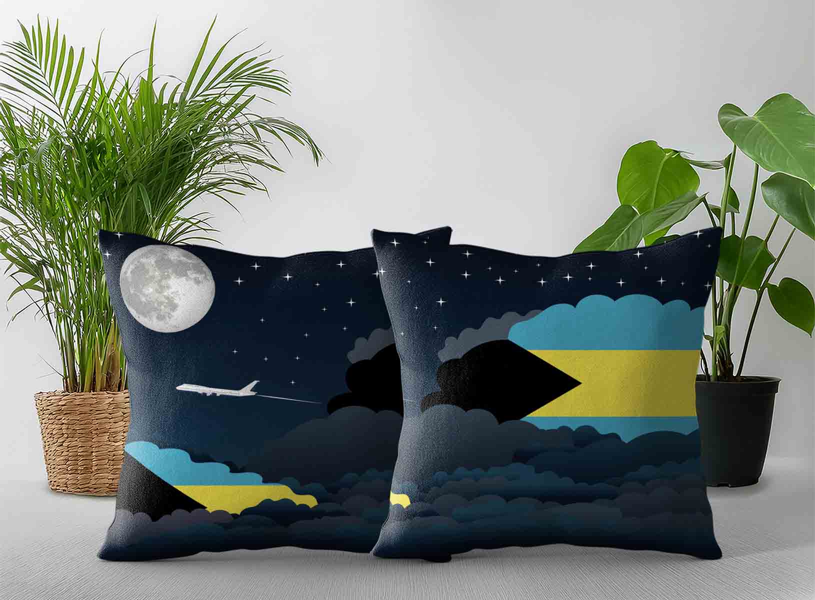 Bahamas World Airplane Night Clouds Square & Rectangle Pillow Cases | Aviation Night Sky Decorative Throw Pillow Covers