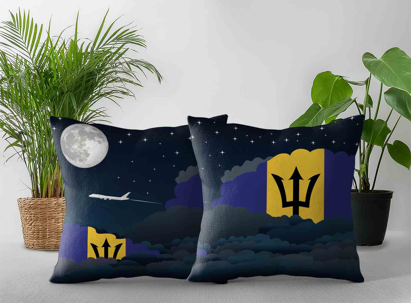 Barbados World Airplane Night Clouds Square & Rectangle Pillow Cases | Aviation Night Sky Decorative Throw Pillow Covers