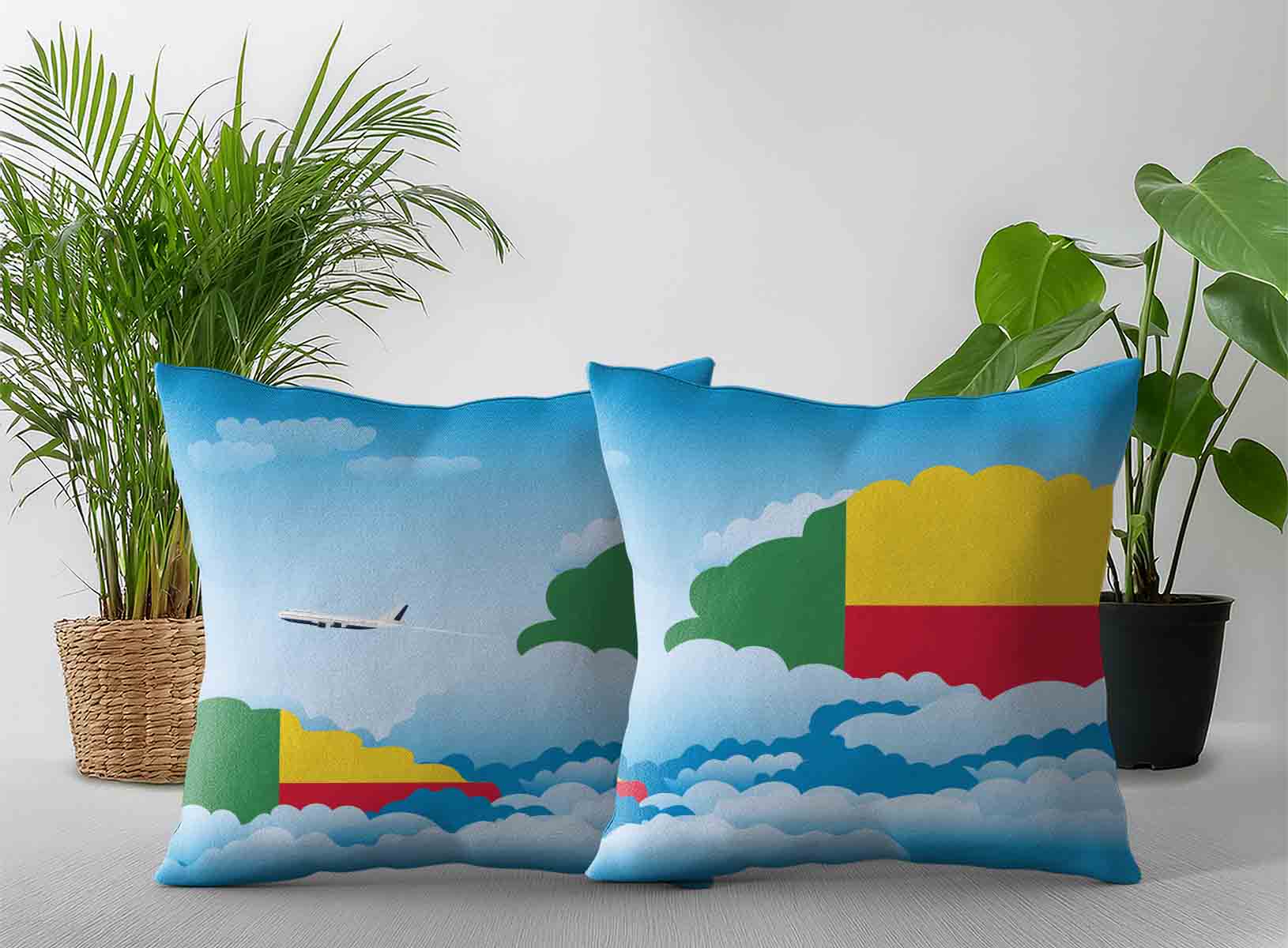 Benin World Airplane Day Clouds Square & Rectangle Pillow Cases | Aviation Sky Travel Decorative Throw Pillow Covers