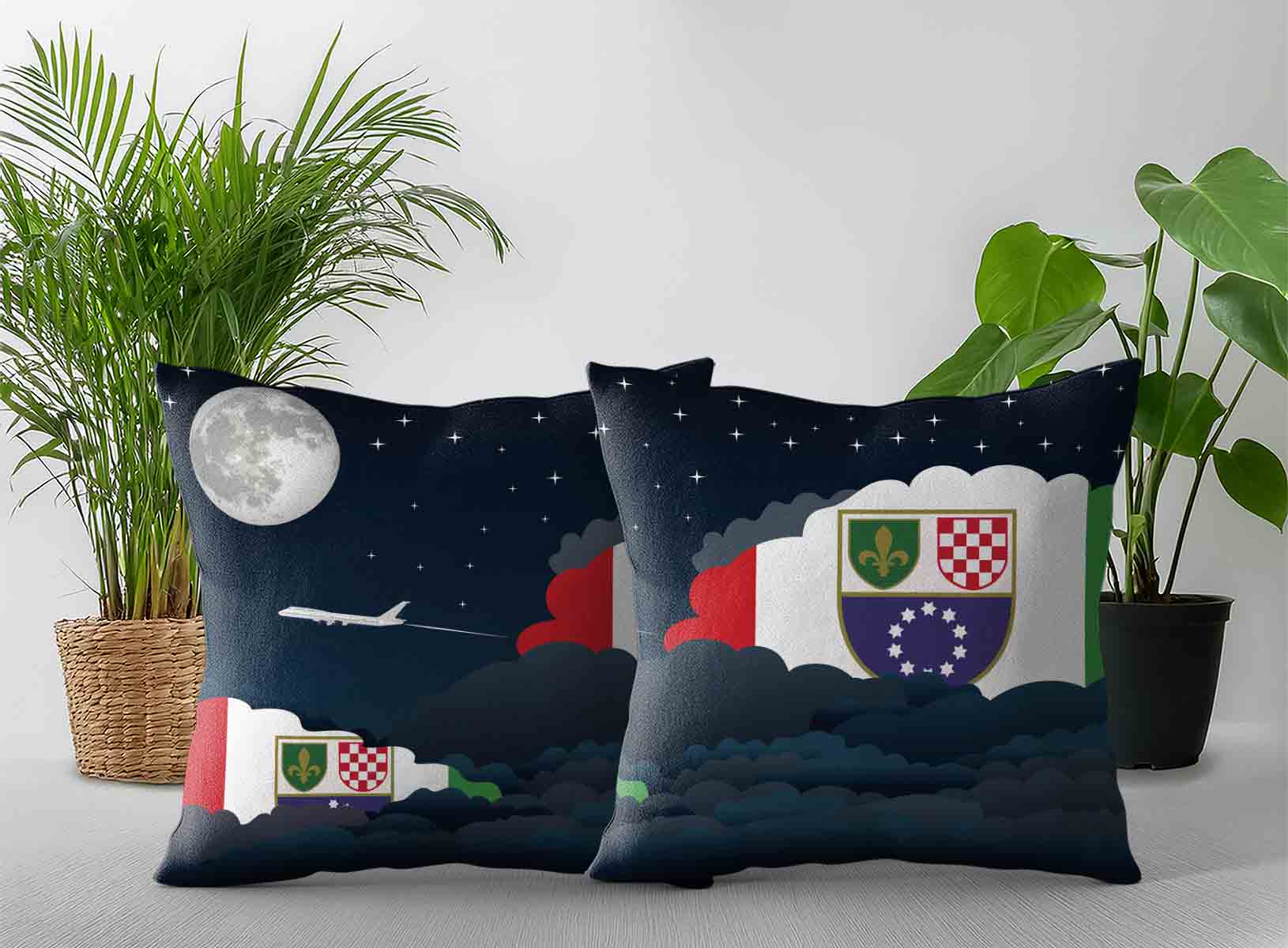 Bosnia Case and Herzegovina Federation of World Airplane Night Clouds Square & Rectangle Pillow Cases | Aviation Night Sky Decorative Throw Pillow Covers
