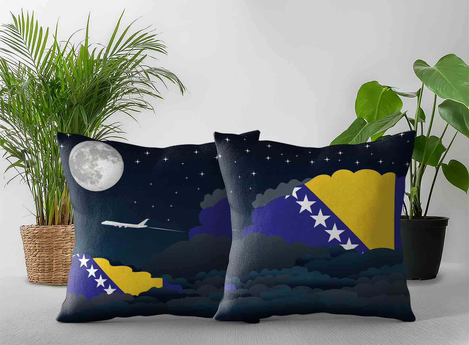 Bosnia Case and Herzegovina World Airplane Night Clouds Square & Rectangle Pillow Cases | Aviation Night Sky Decorative Throw Pillow Covers