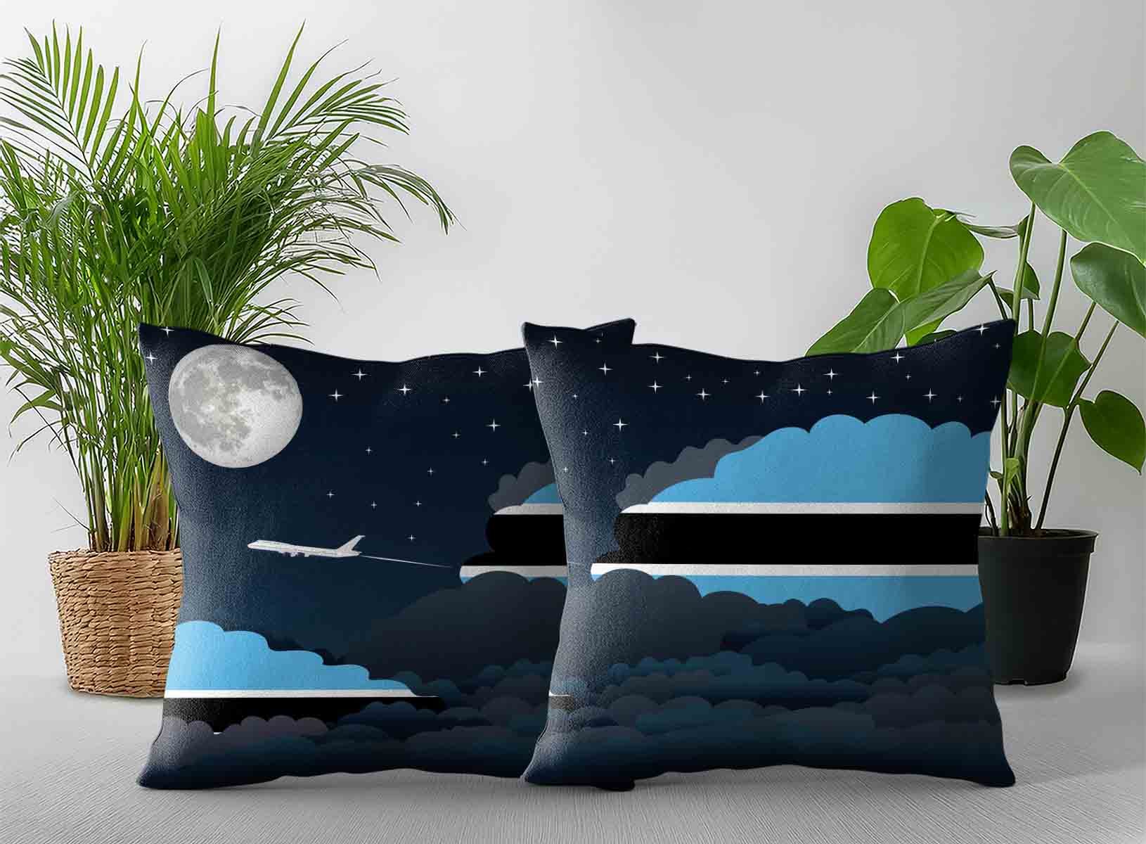 Botswana World Airplane Night Clouds Square & Rectangle Pillow Cases | Aviation Night Sky Decorative Throw Pillow Covers