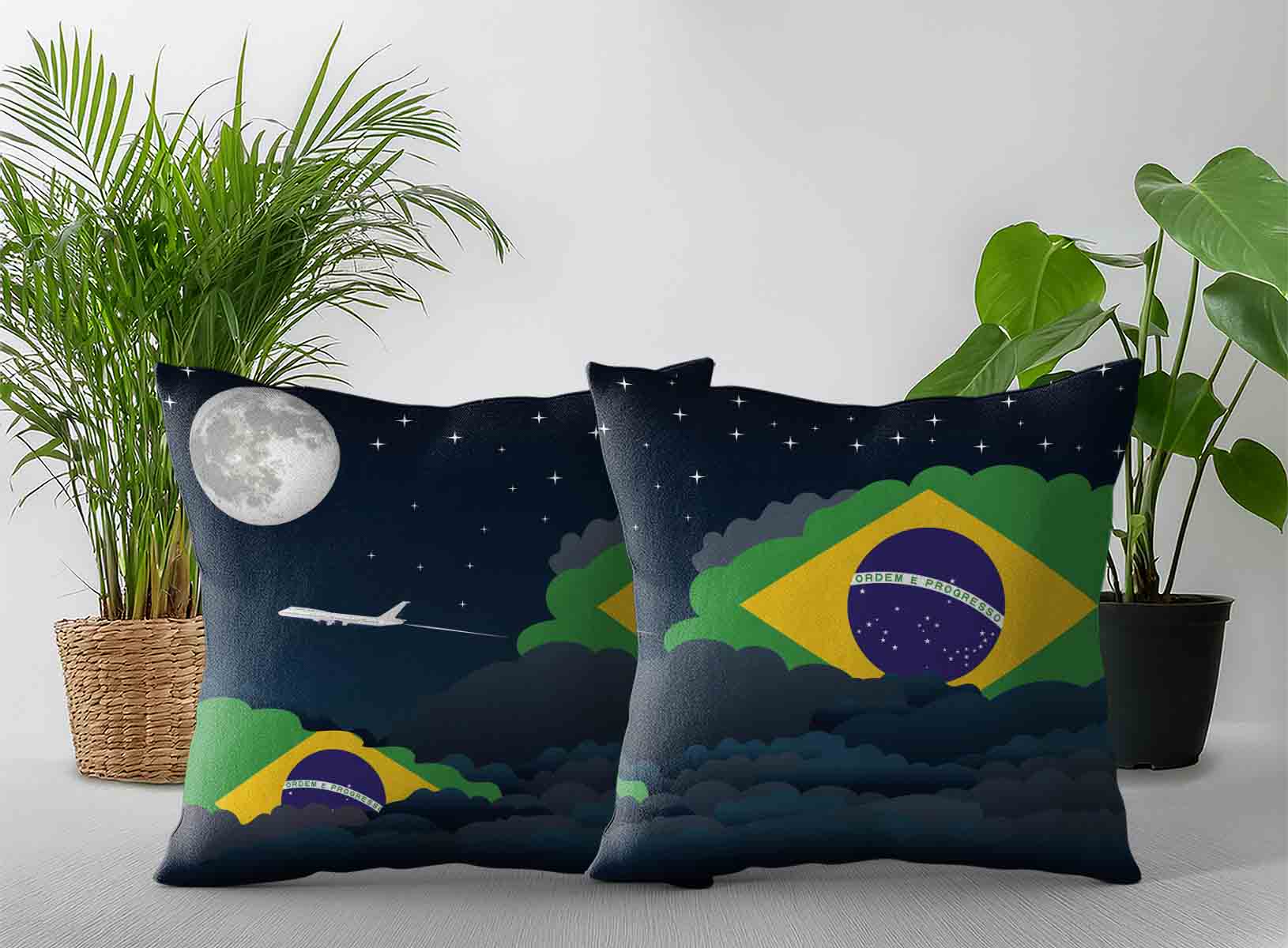 Brazil World Airplane Night Clouds Square & Rectangle Pillow Cases | Aviation Night Sky Decorative Throw Pillow Covers