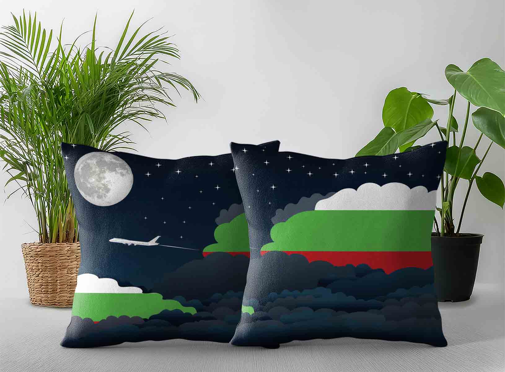Bulgaria World Airplane Night Clouds Square & Rectangle Pillow Cases | Aviation Night Sky Decorative Throw Pillow Covers