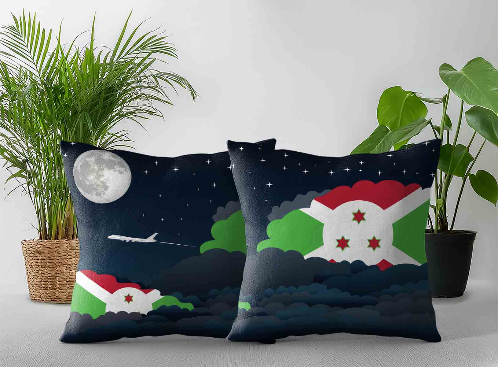 Burundi World Airplane Night Clouds Square & Rectangle Pillow Cases | Aviation Night Sky Decorative Throw Pillow Covers