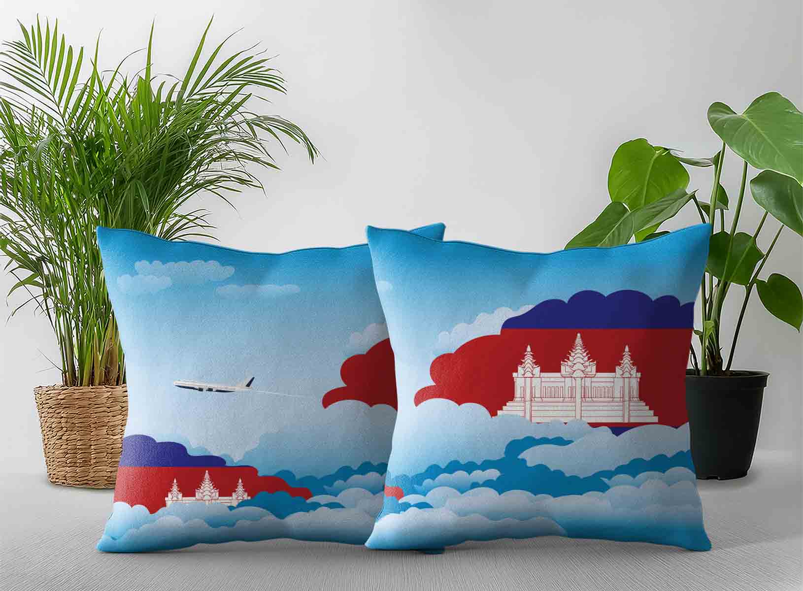 Cambodia World Airplane Day Clouds Square & Rectangle Pillow Cases | Aviation Sky Travel Decorative Throw Pillow Covers