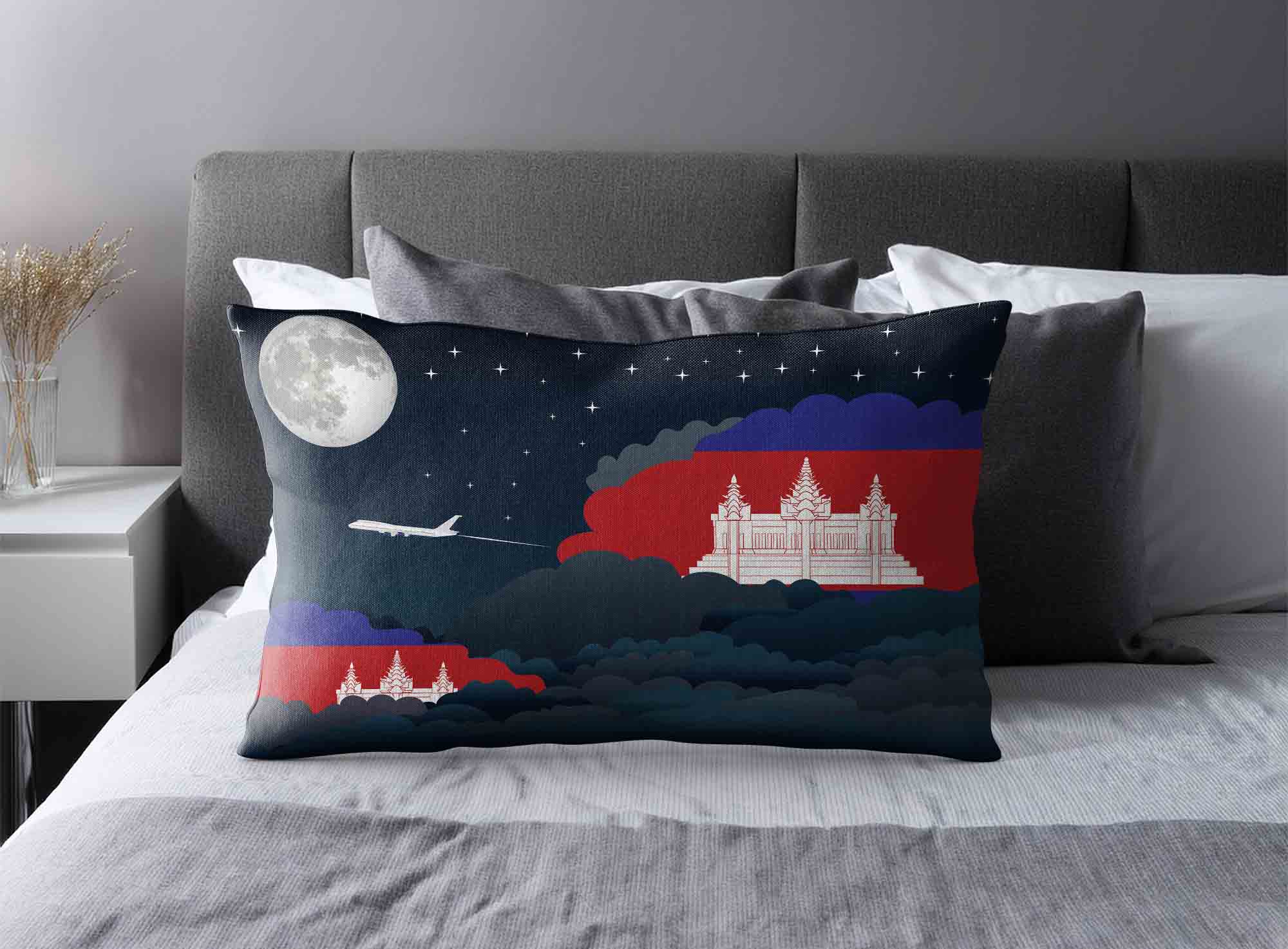 Cambodia World Airplane Night Clouds Square & Rectangle Pillow Cases | Aviation Night Sky Decorative Throw Pillow Covers image 2