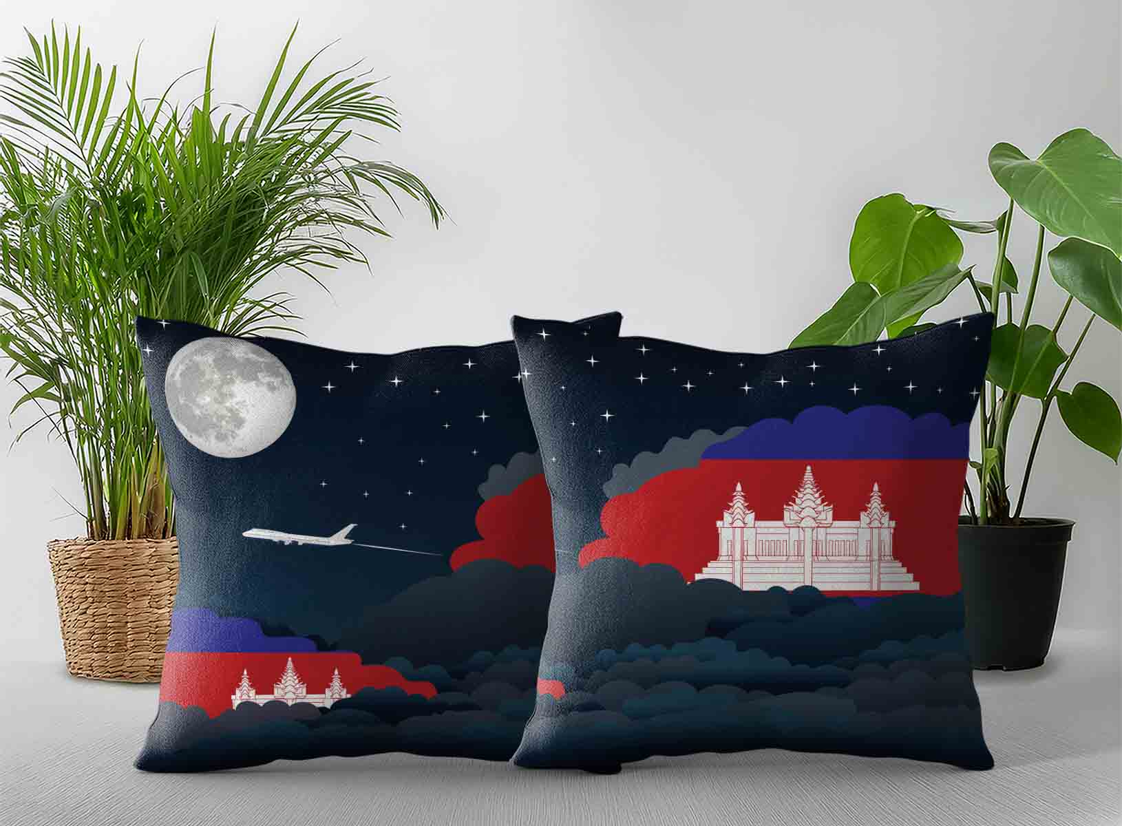 Cambodia World Airplane Night Clouds Square & Rectangle Pillow Cases | Aviation Night Sky Decorative Throw Pillow Covers