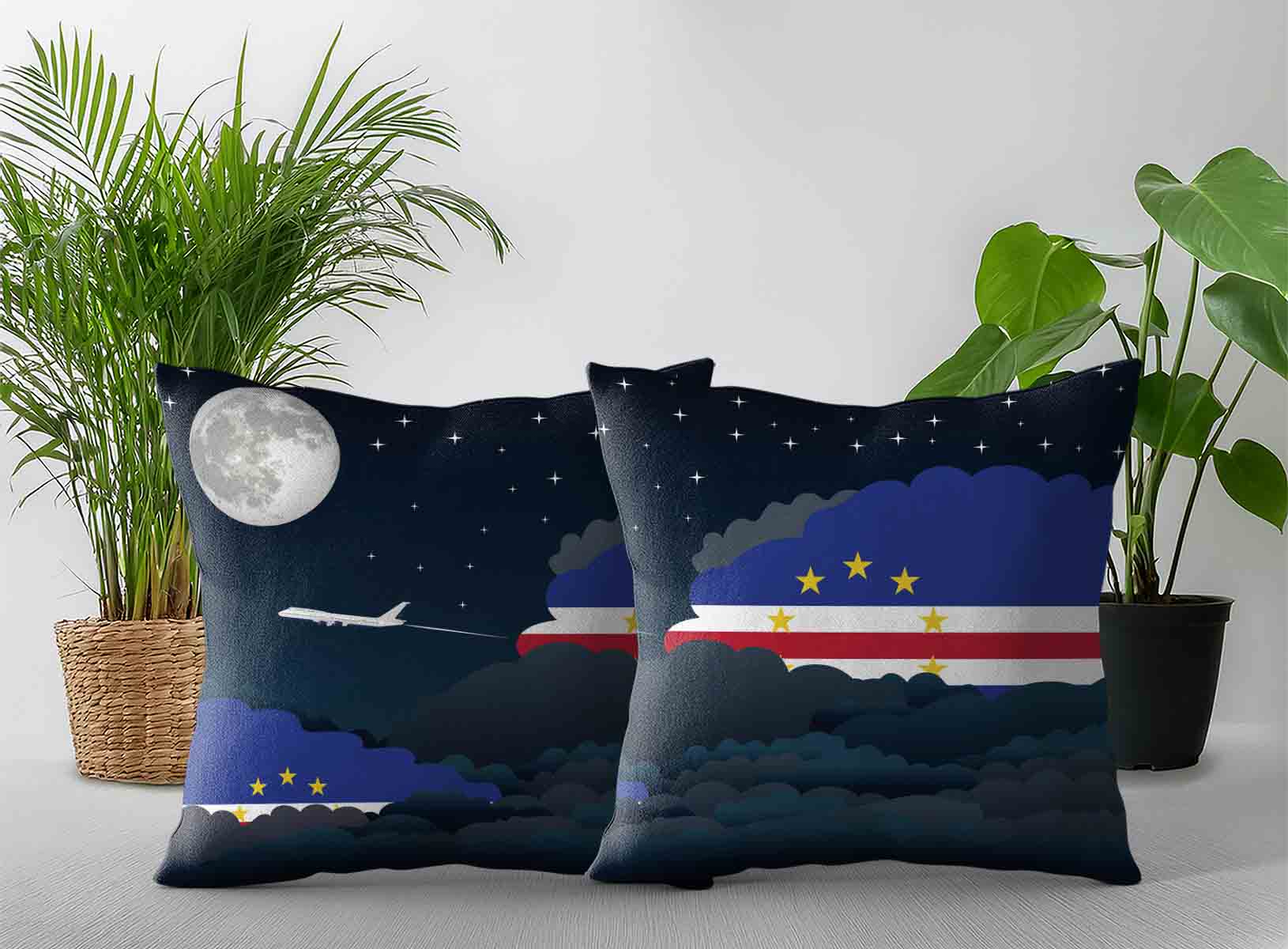Cape Verde World Airplane Night Clouds Square & Rectangle Pillow Cases | Aviation Night Sky Decorative Throw Pillow Covers