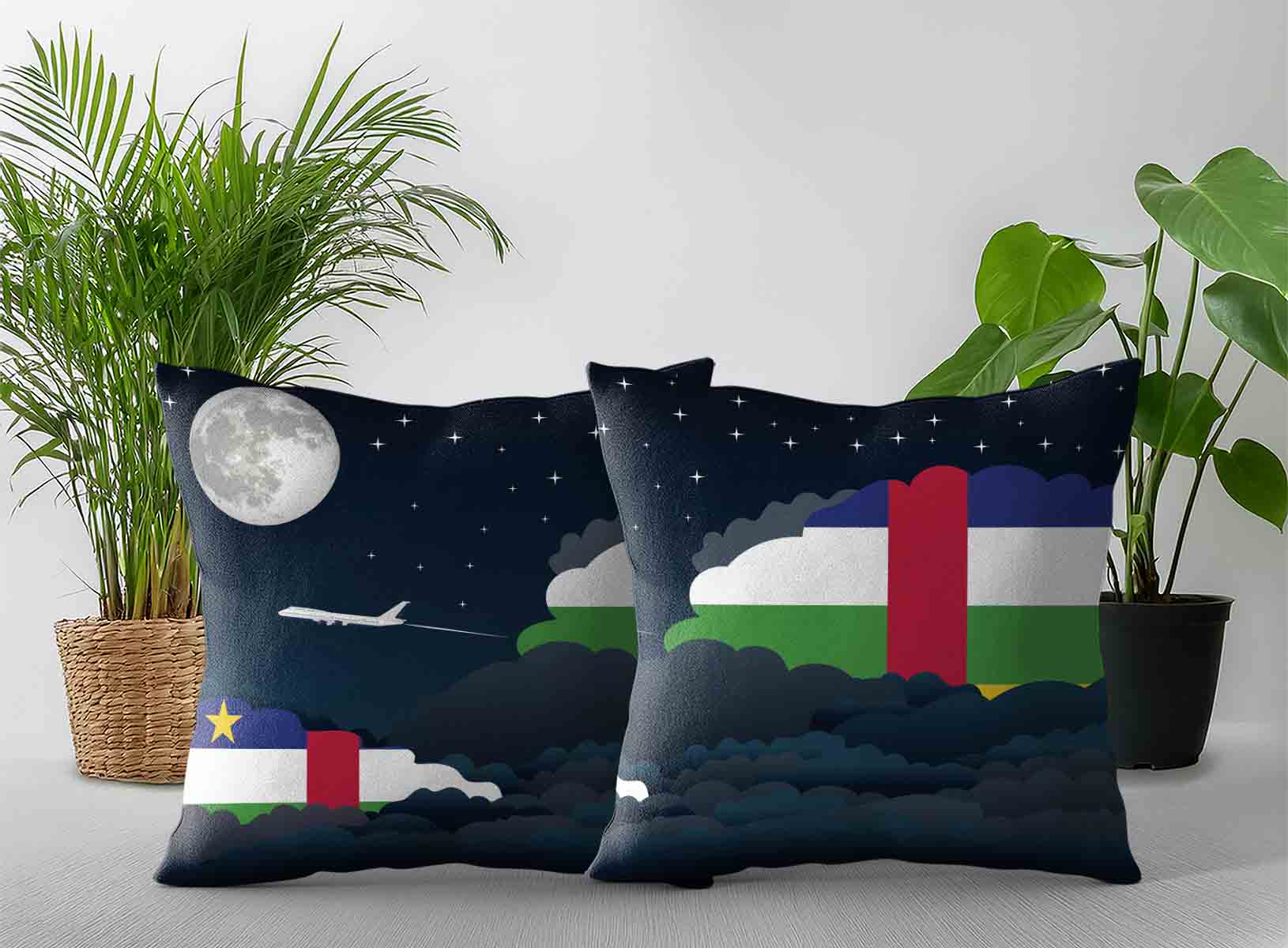 Central African Republic World Airplane Night Clouds Square & Rectangle Pillow Cases | Aviation Night Sky Decorative Throw Pillow Covers