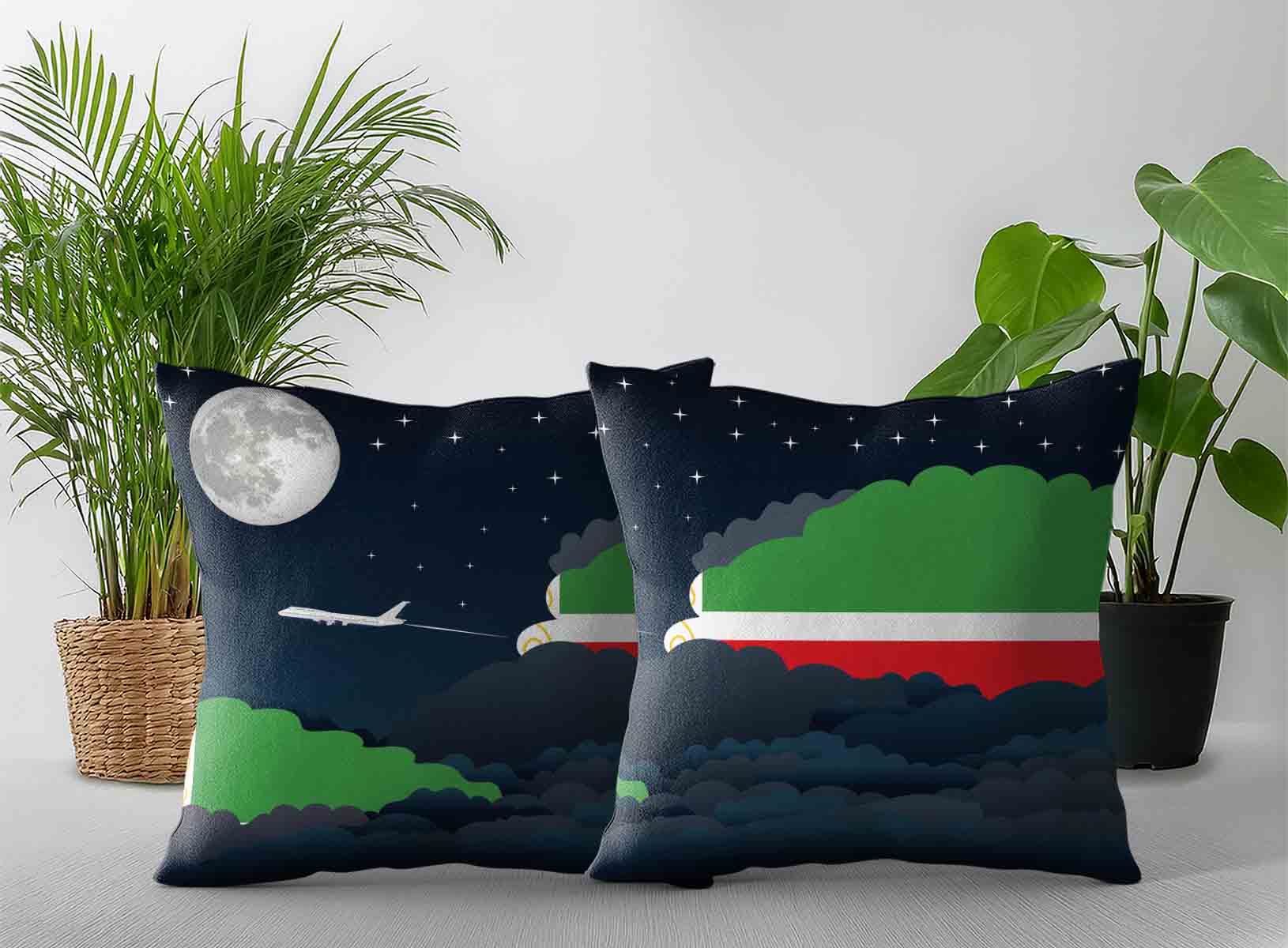 Chechen Republic World Airplane Night Clouds Square & Rectangle Pillow Cases | Aviation Night Sky Decorative Throw Pillow Covers