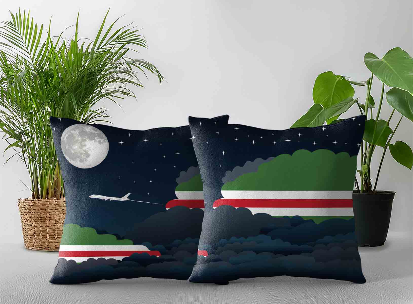 Chechen Republic of Ichkeria World Airplane Night Clouds Square & Rectangle Pillow Cases | Aviation Night Sky Decorative Throw Pillow Covers