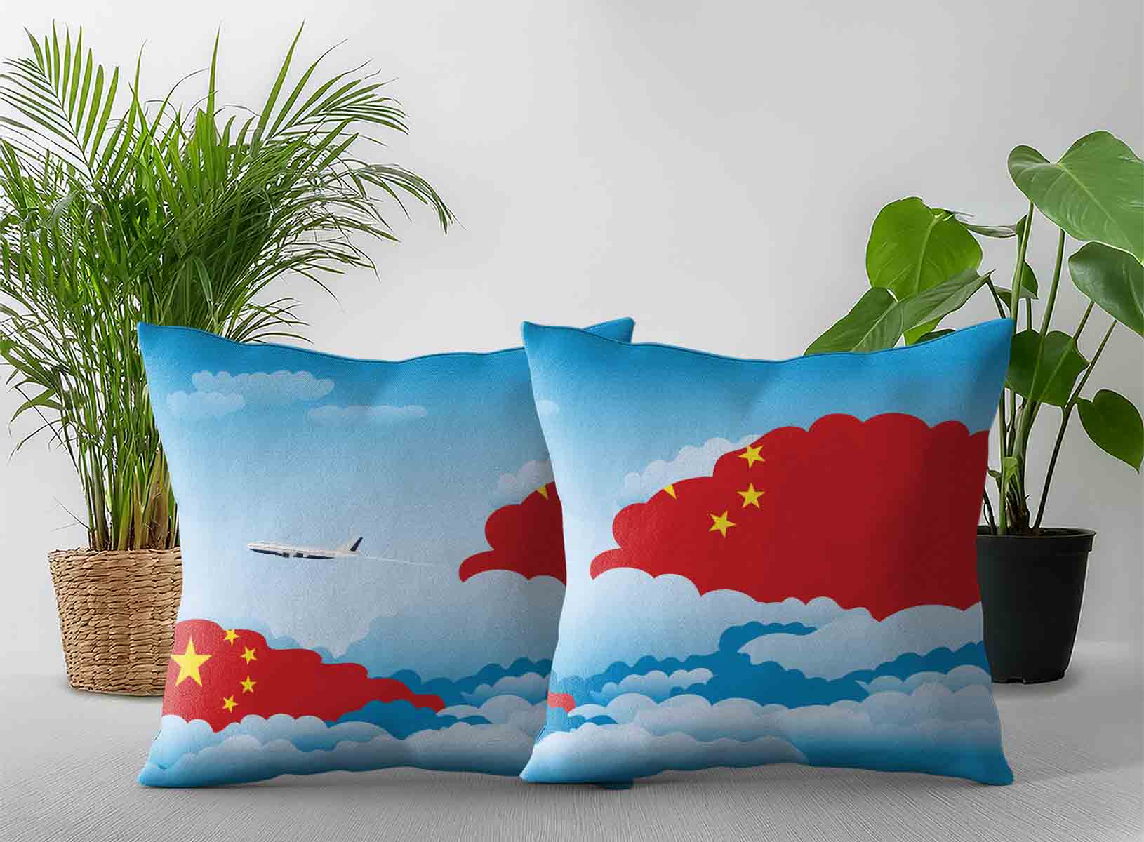 China World Airplane Day Clouds Square & Rectangle Pillow Cases | Aviation Sky Travel Decorative Throw Pillow Covers