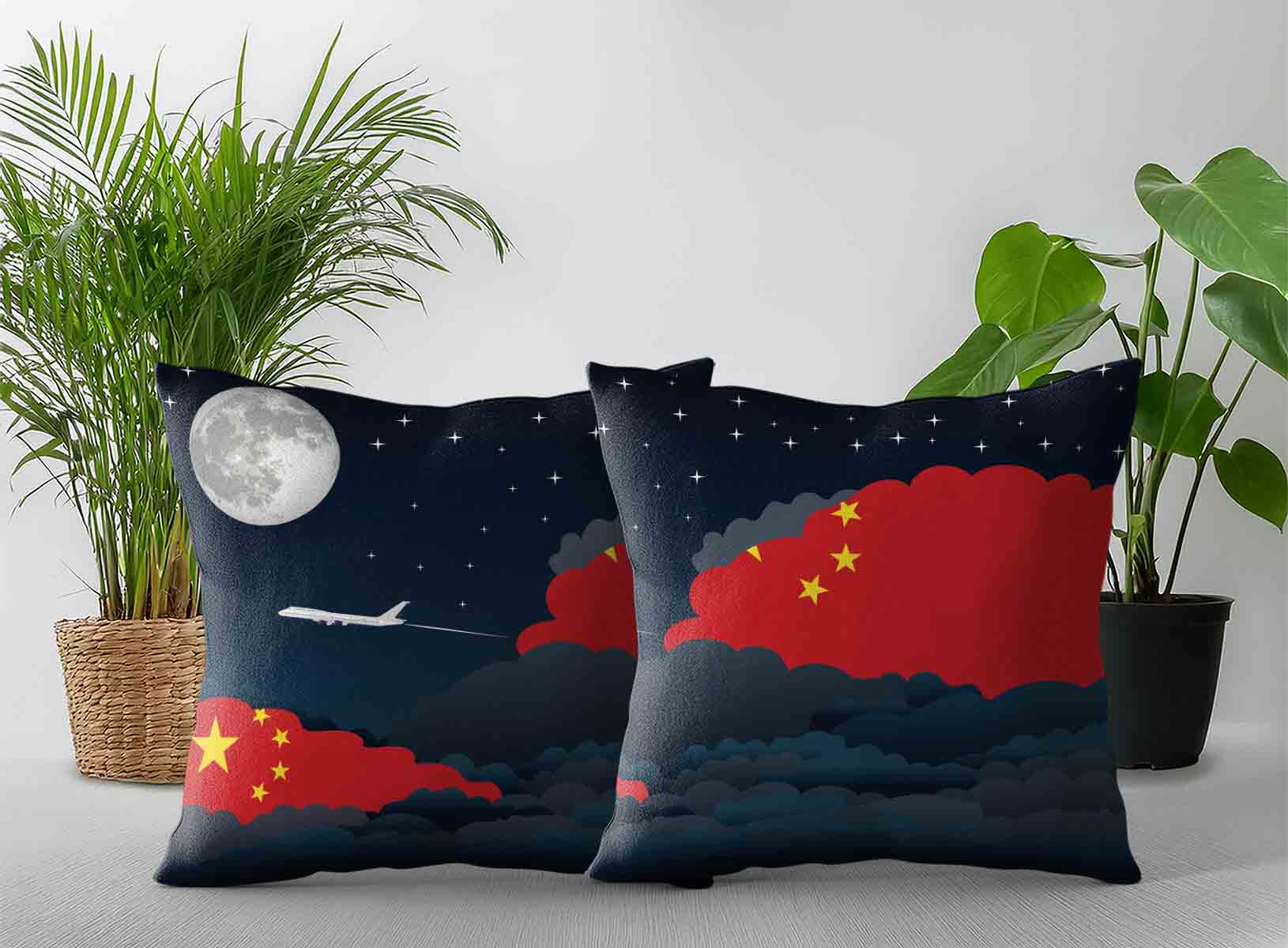 China World Airplane Night Clouds Square & Rectangle Pillow Cases | Aviation Night Sky Decorative Throw Pillow Covers