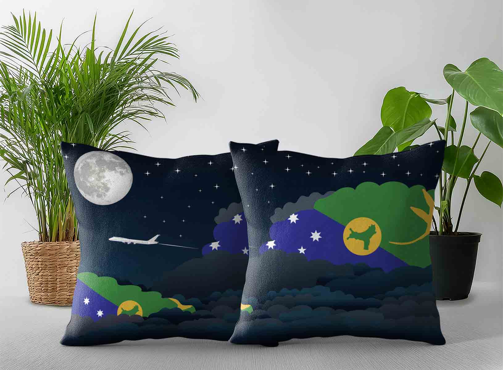 Christmas Island World Airplane Night Clouds Square & Rectangle Pillow Cases | Aviation Night Sky Decorative Throw Pillow Covers