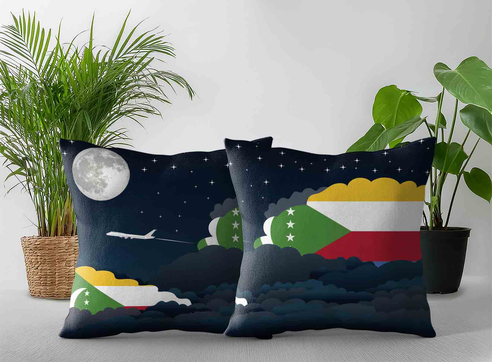 Comoros World Airplane Night Clouds Square & Rectangle Pillow Cases | Aviation Night Sky Decorative Throw Pillow Covers