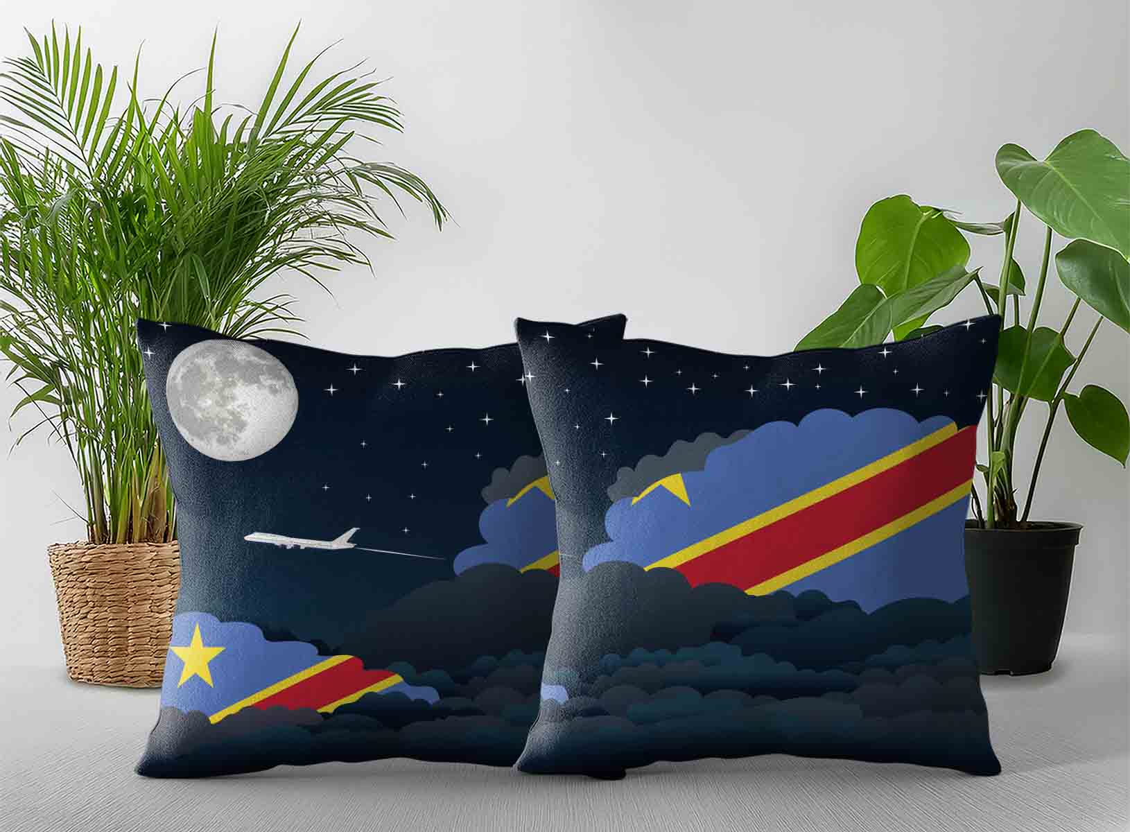 Congo Democratic Republic of the World Airplane Night Clouds Square & Rectangle Pillow Cases | Aviation Night Sky Decorative Throw Pillow Covers