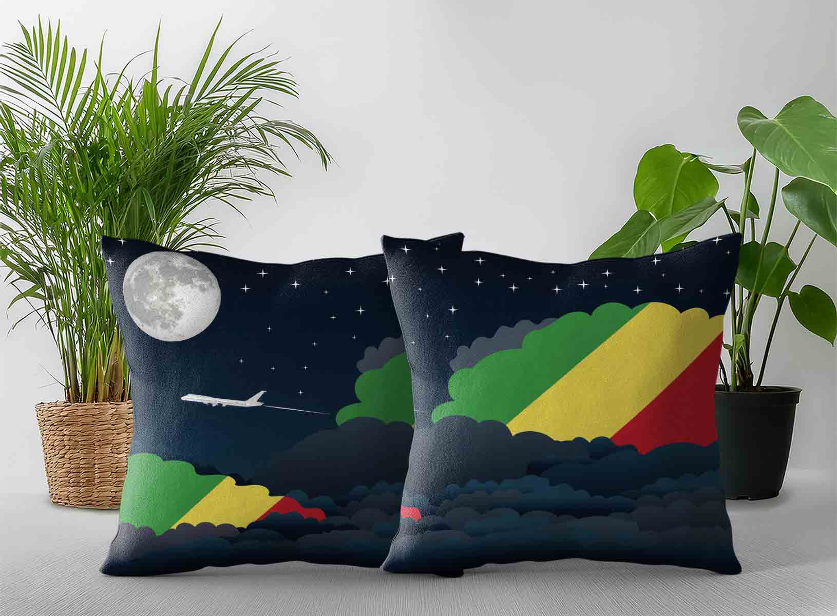 Congo Republic of the World Airplane Night Clouds Square & Rectangle Pillow Cases | Aviation Night Sky Decorative Throw Pillow Covers