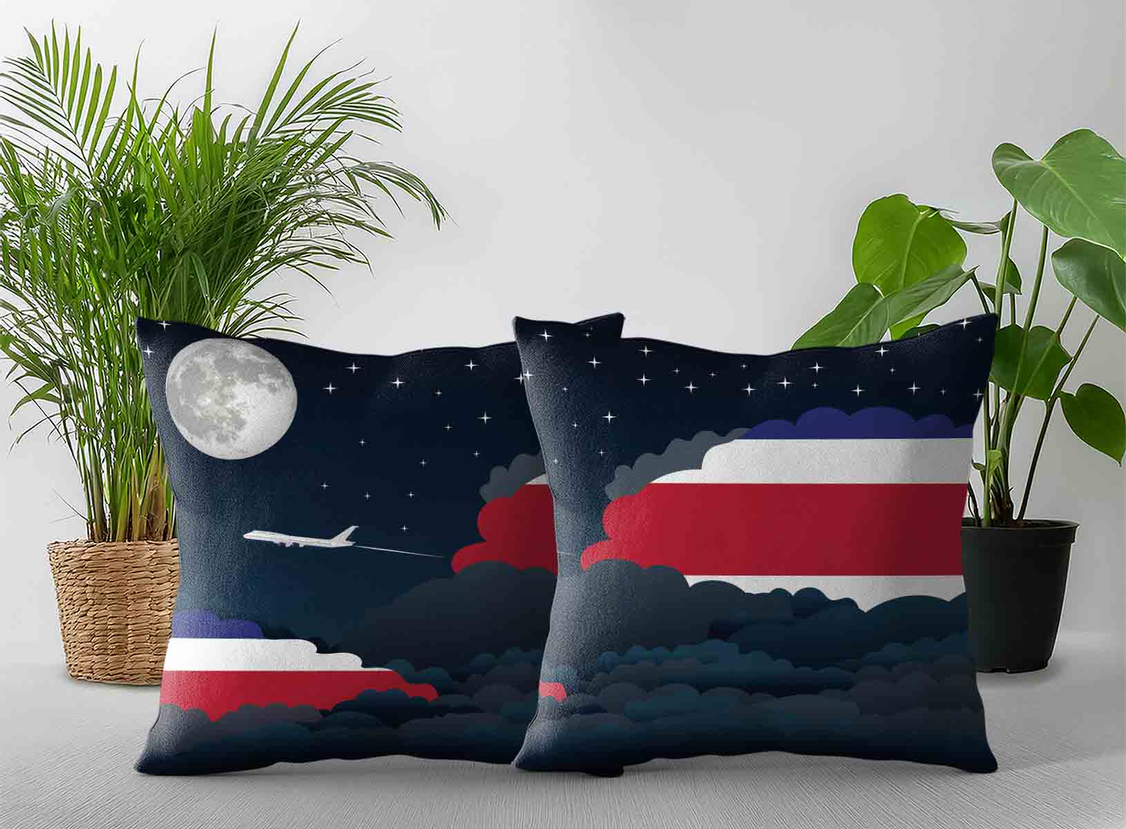 Costa Rica World Airplane Night Clouds Square & Rectangle Pillow Cases | Aviation Night Sky Decorative Throw Pillow Covers