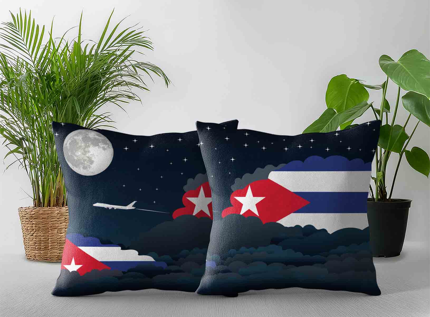 Cuba World Airplane Night Clouds Square & Rectangle Pillow Cases | Aviation Night Sky Decorative Throw Pillow Covers