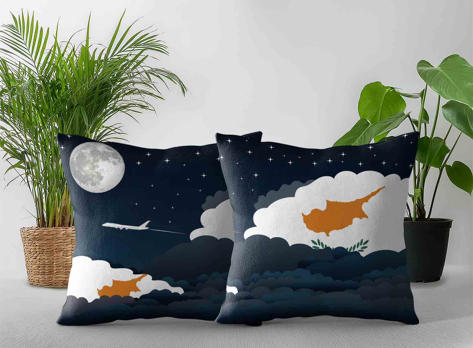 Cyprus World Airplane Night Clouds Square & Rectangle Pillow Cases | Aviation Night Sky Decorative Throw Pillow Covers