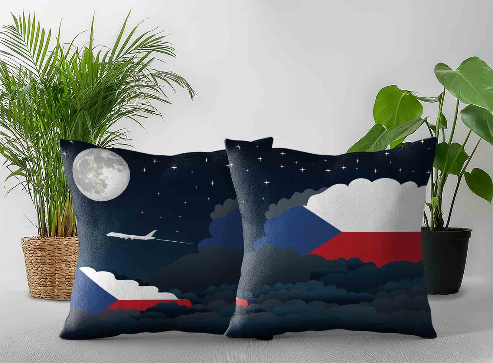 Czech Republic World Airplane Night Clouds Square & Rectangle Pillow Cases | Aviation Night Sky Decorative Throw Pillow Covers