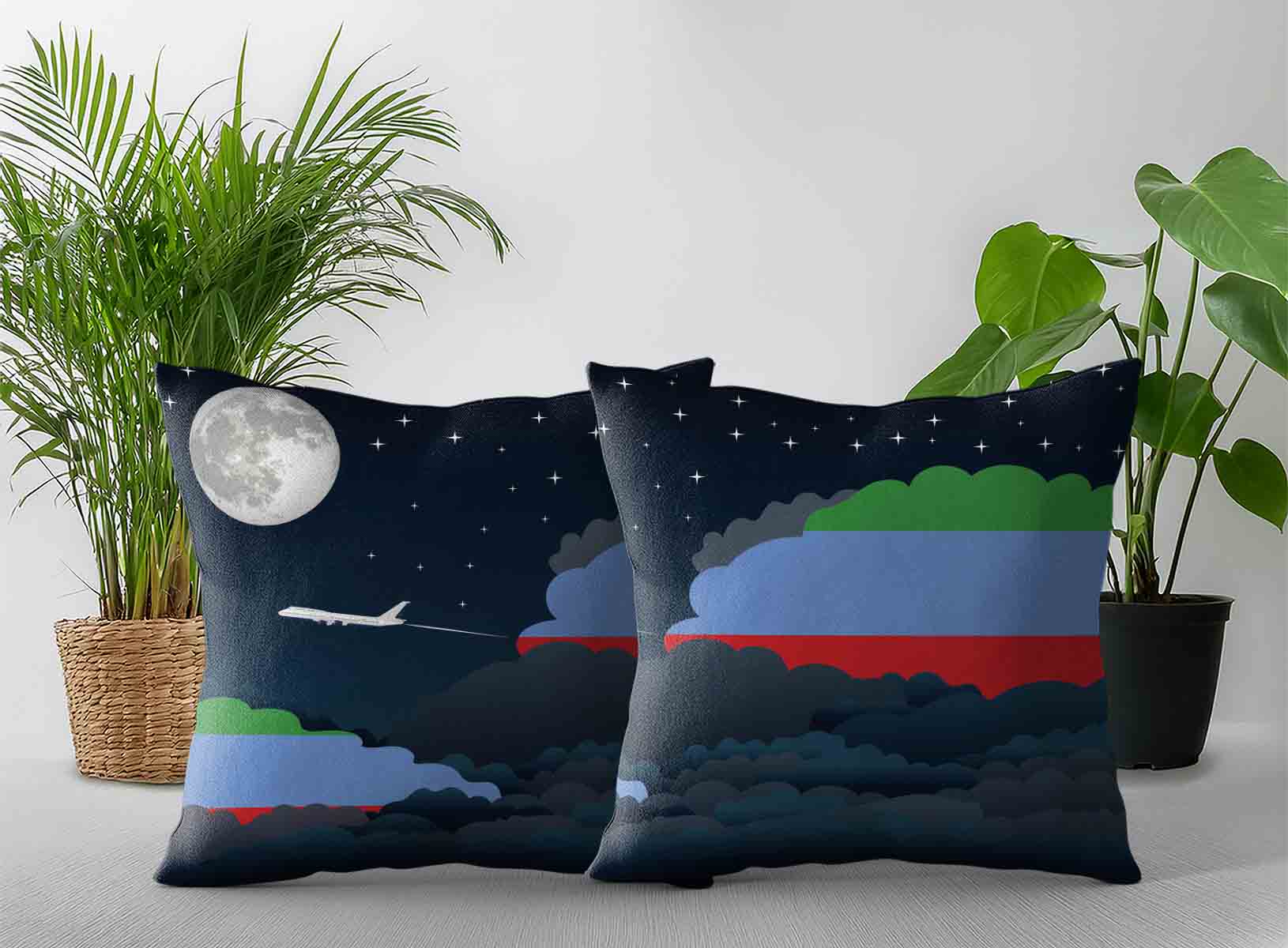 Dagestan World Airplane Night Clouds Square & Rectangle Pillow Cases | Aviation Night Sky Decorative Throw Pillow Covers