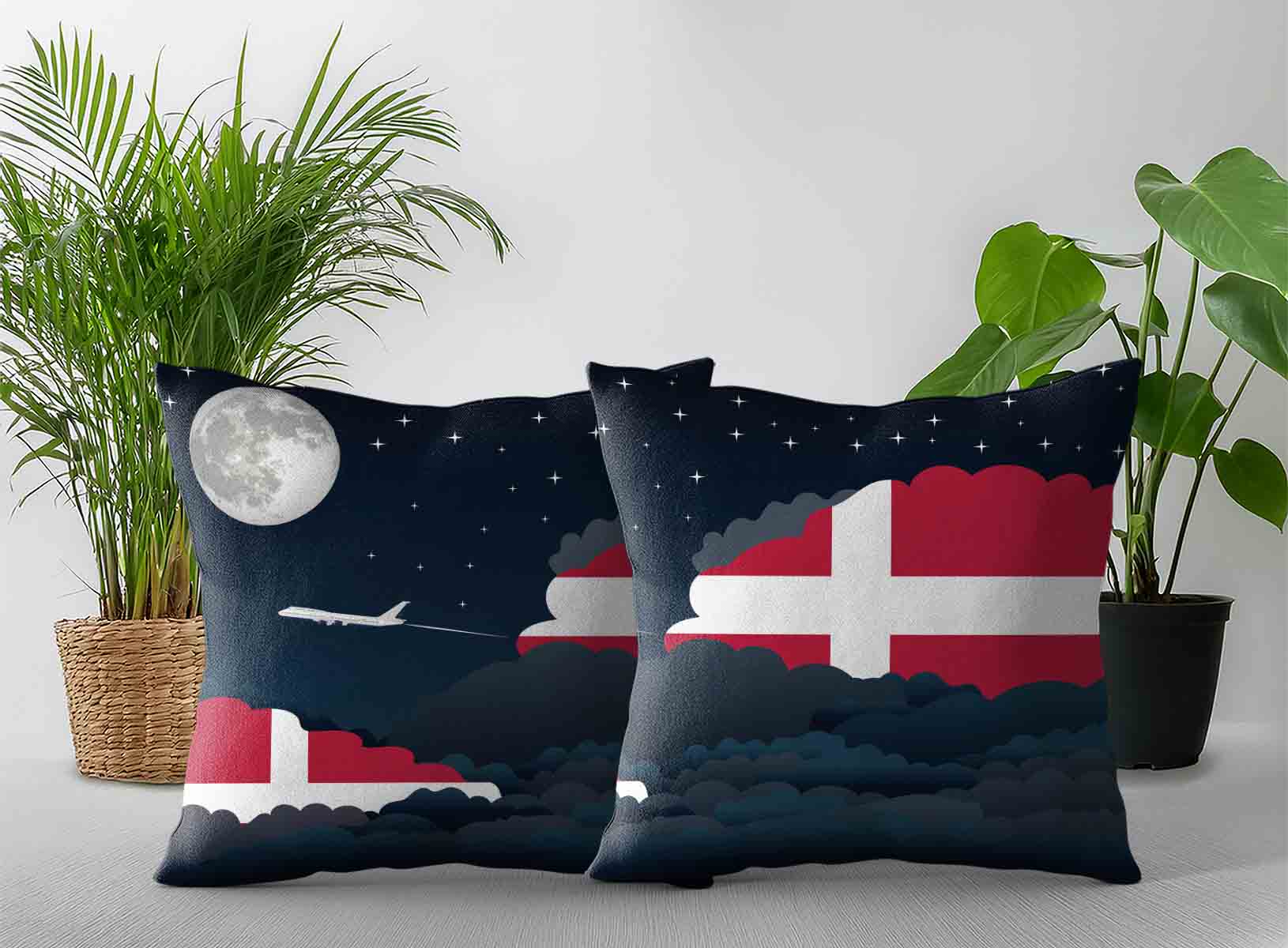 Denmark World Airplane Night Clouds Square & Rectangle Pillow Cases | Aviation Night Sky Decorative Throw Pillow Covers