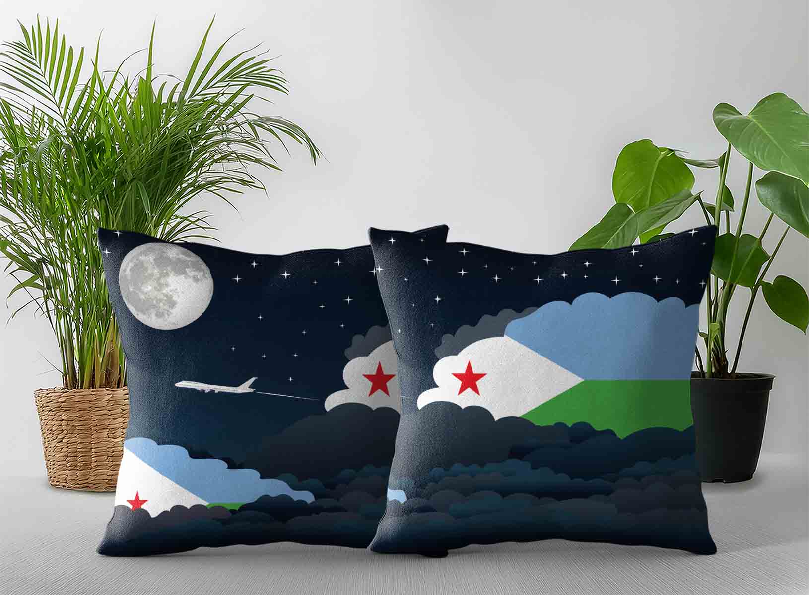 Djibouti World Airplane Night Clouds Square & Rectangle Pillow Cases | Aviation Night Sky Decorative Throw Pillow Covers