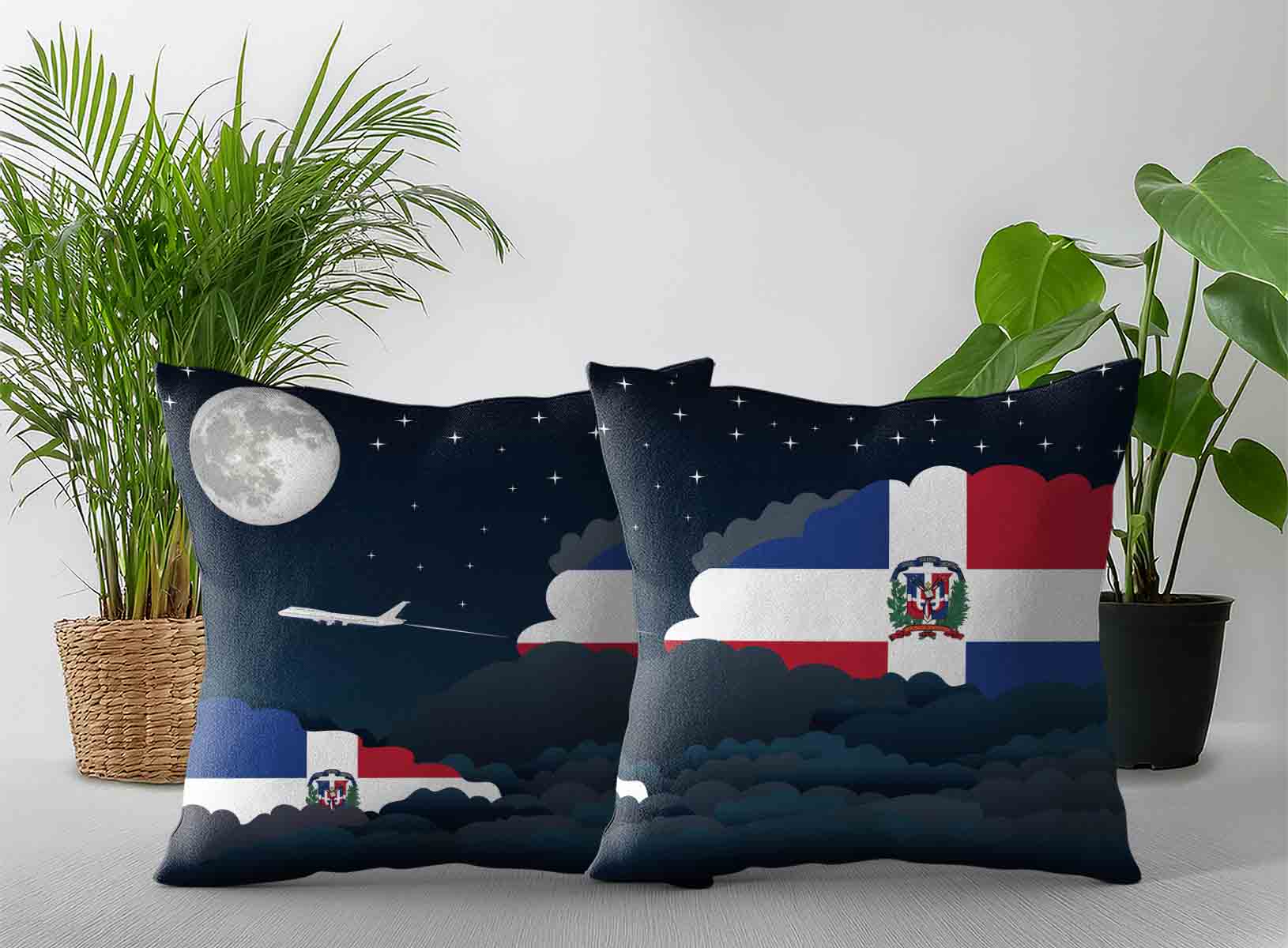 Dominican Republic World Airplane Night Clouds Square & Rectangle Pillow Cases | Aviation Night Sky Decorative Throw Pillow Covers