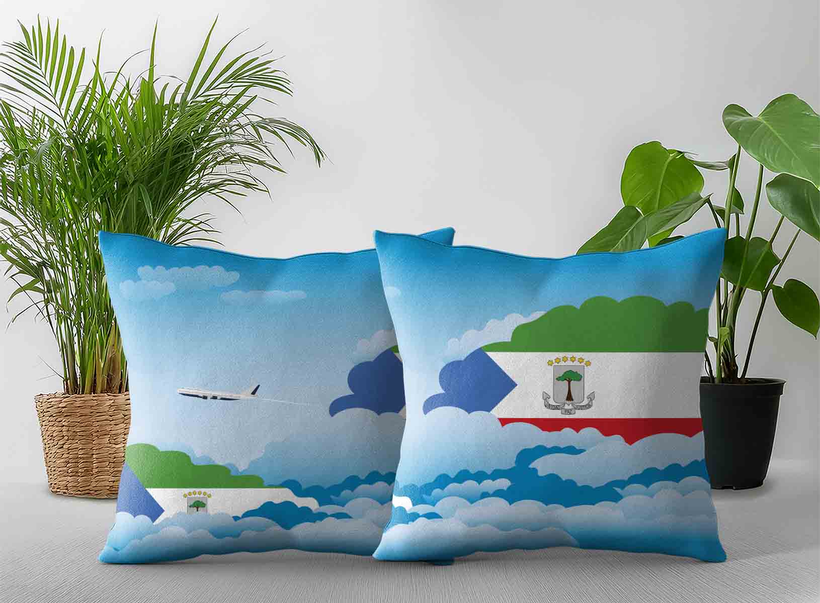Equatorial Guinea World Airplane Day Clouds Square & Rectangle Pillow Cases | Aviation Sky Travel Decorative Throw Pillow Covers