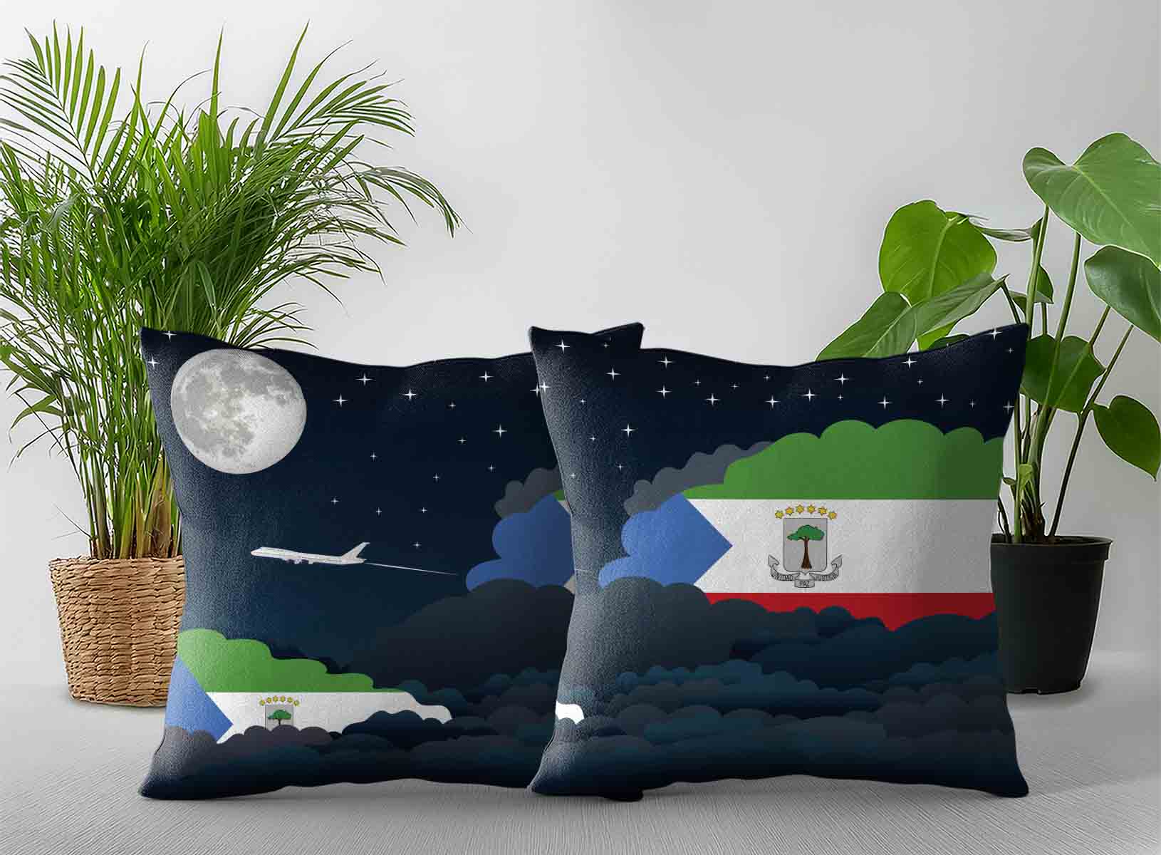 Equatorial Guinea World Airplane Night Clouds Square & Rectangle Pillow Cases | Aviation Night Sky Decorative Throw Pillow Covers