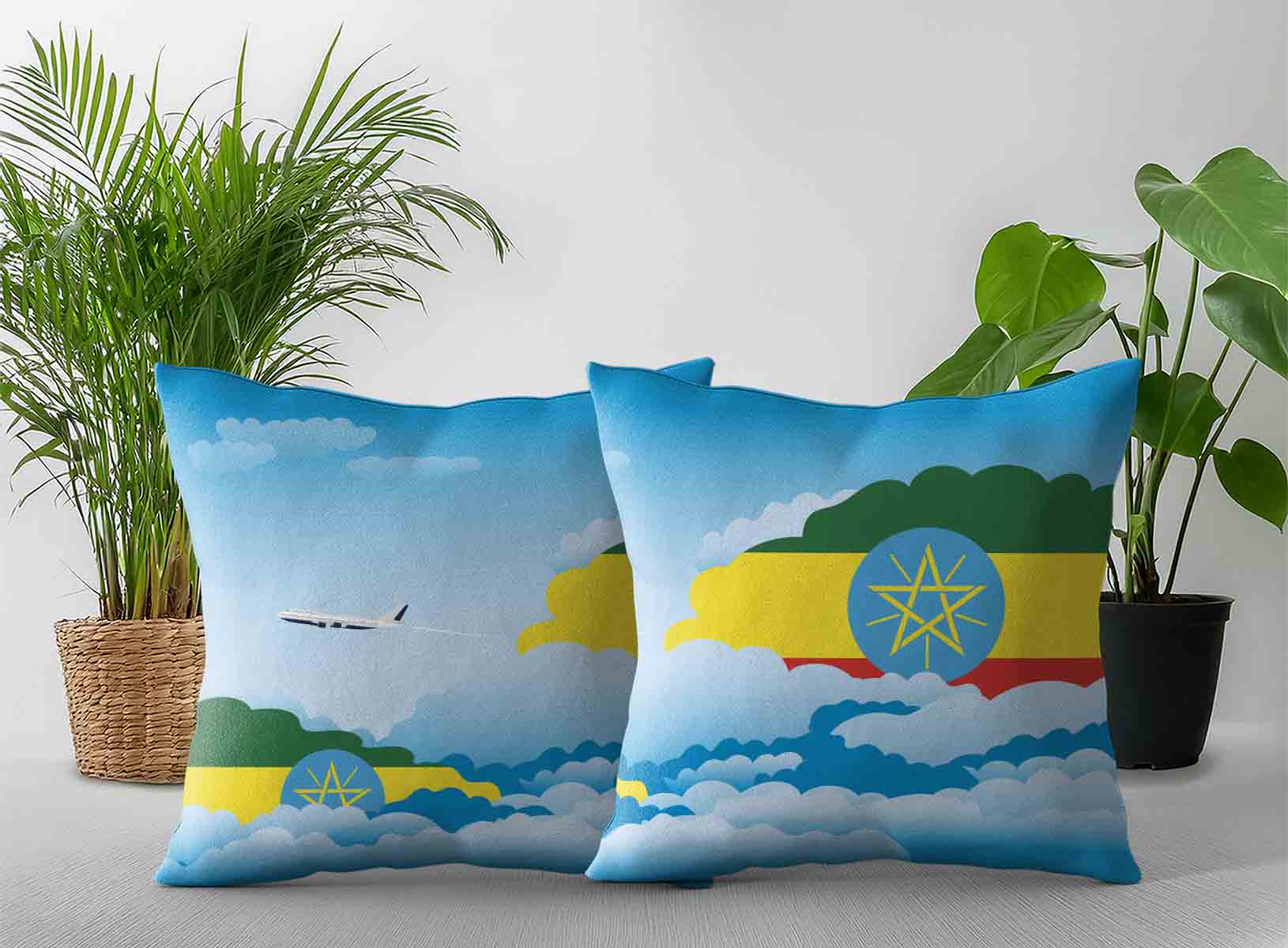 Ethiopia World Airplane Day Clouds Square & Rectangle Pillow Cases | Aviation Sky Travel Decorative Throw Pillow Covers